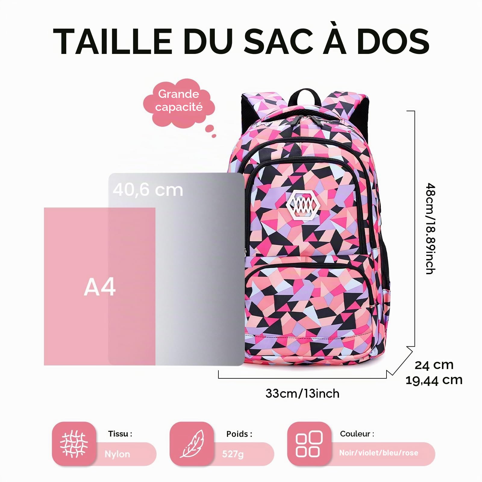 IvyH Sac à Dos Scolaire Set Fille 3 en 1 Cartable en Imperméable avec Sac à Crayons pour Enfant Adolescent Idéal pour l'École/Les Loisirs/Le Voyage/la randonnée