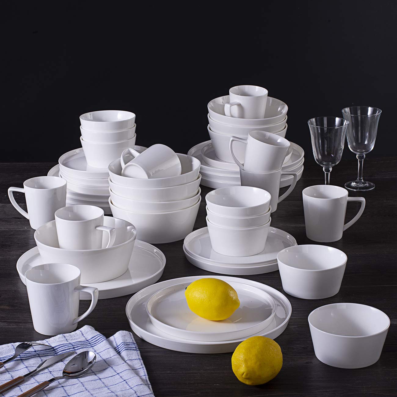 HomeVss, Bone China Cone Shape, Elegance White 40pc Dinnerware Set