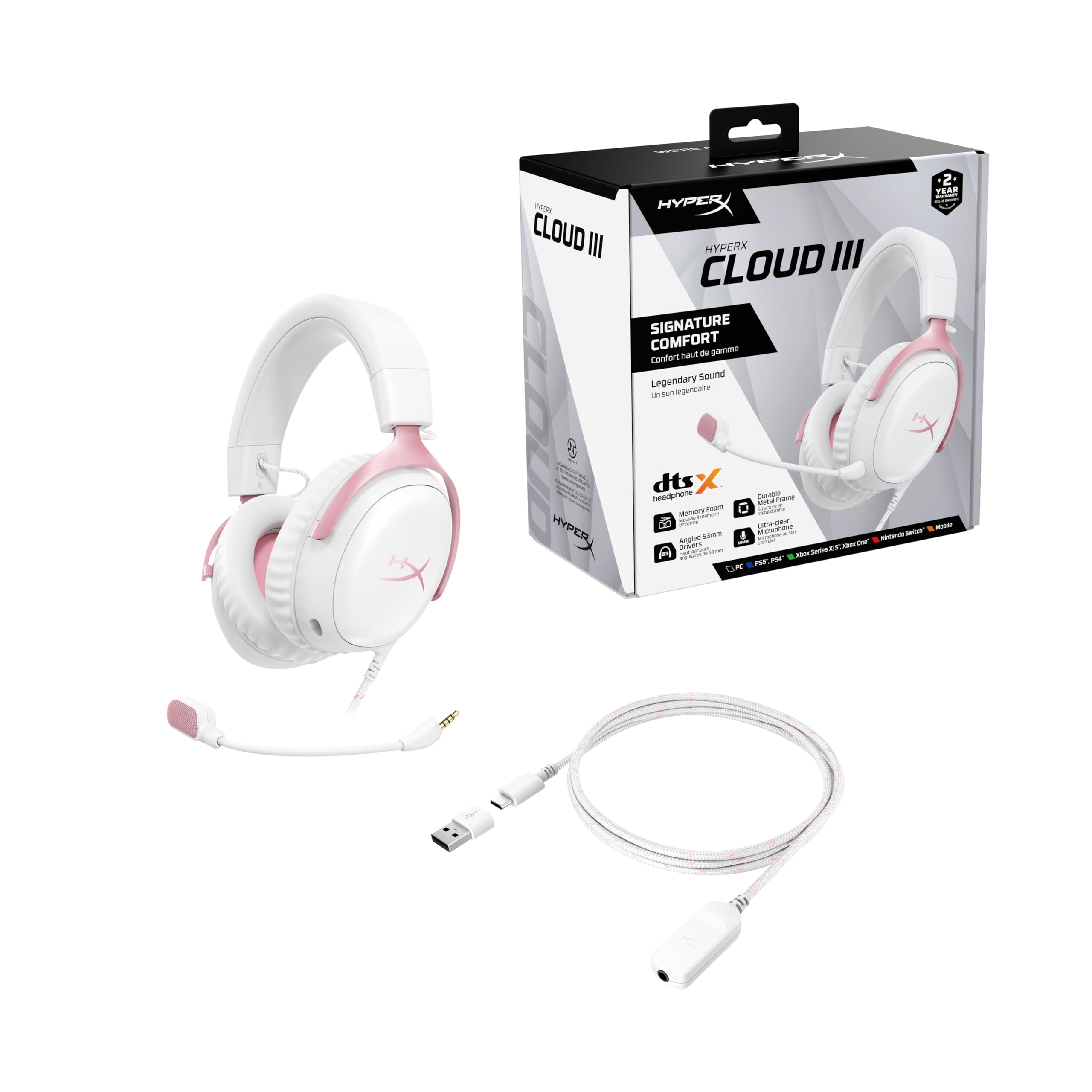 HyperX Cloud III, Casque Gaming Filaire, PC/PS5/Xbox Series X|S, DTS Headphone:X, Haut parleurs inclinés 53 mm, Micro 10 mm antibruit, USB-C/USB-A/3,5 mm, Blanc et Rose
