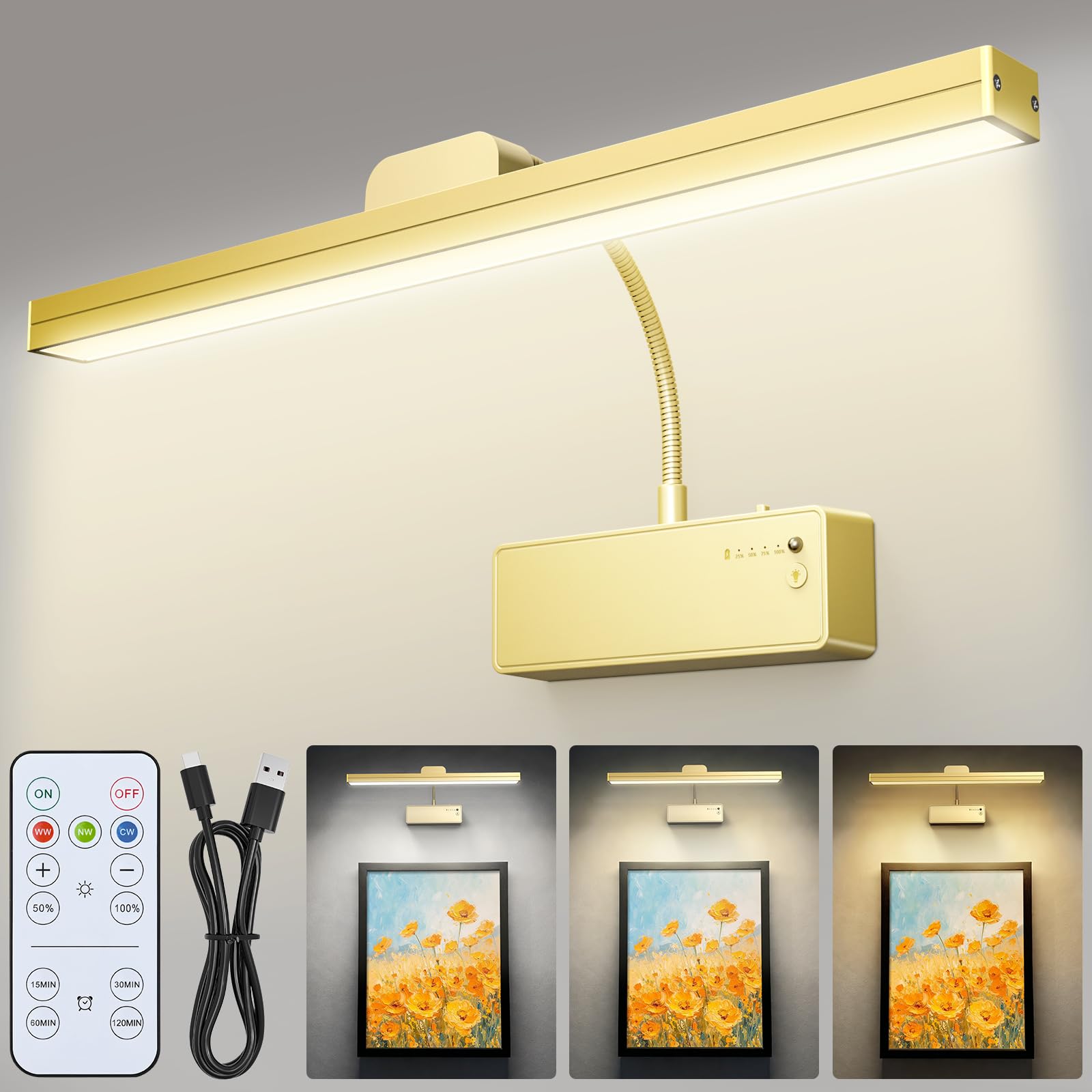 Laliled Lailed Picture Lights for Wall, Rechargeable Wall Sconces LED Wall Lights, 5400mAh Battery Operated Wall Sconces, 3 Lighting Modes Art Display Lighting for Galleries, Display Cases, Artworks