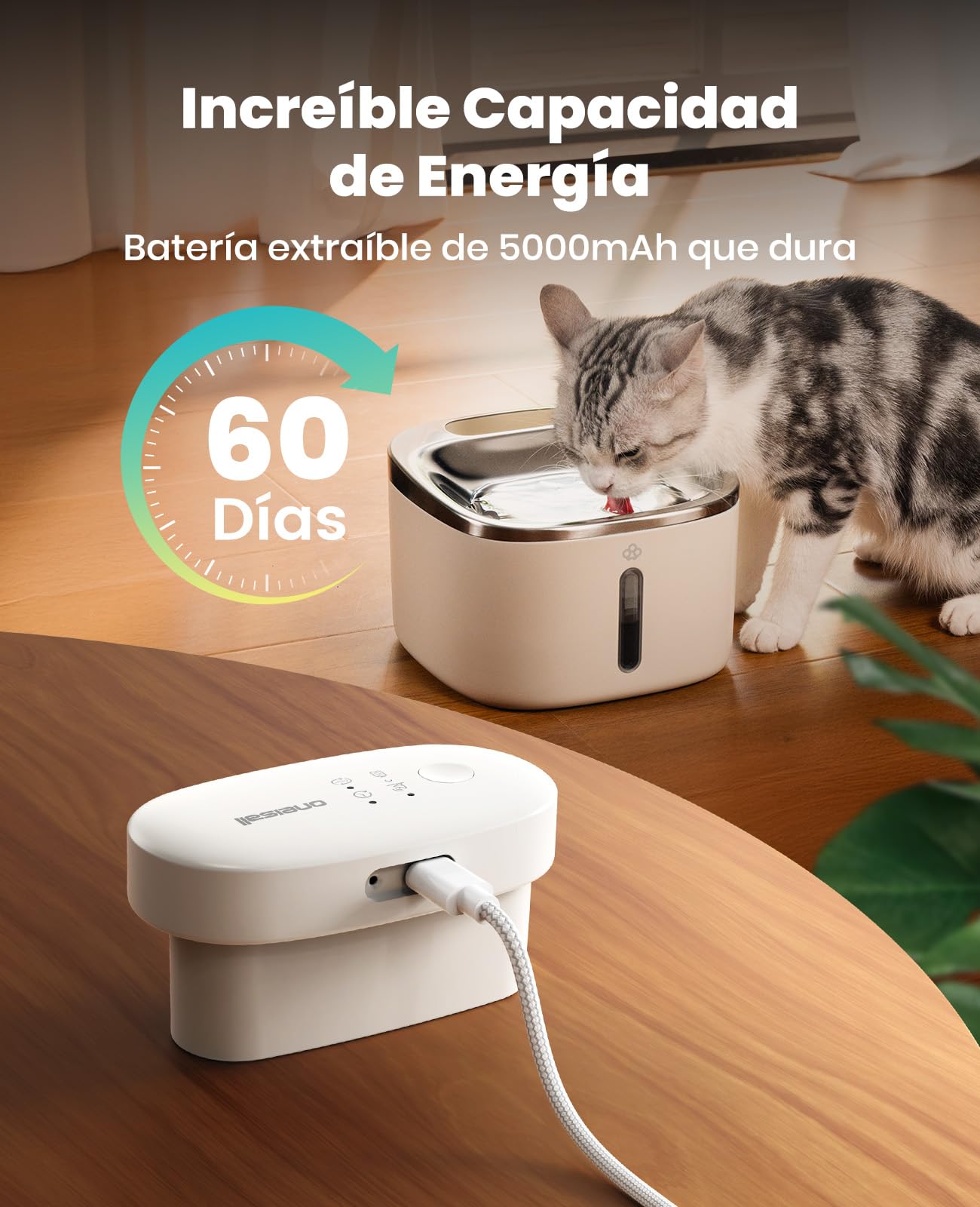 oneisall Fuente para Gatos sin Cable, 3.5L Bebedero de Acero Inoxidable, batería de 5000mAh, Fuente de Agua para Gatos con Detector de Movimiento, Bomba de Agua silenciosa, 3 filtros
