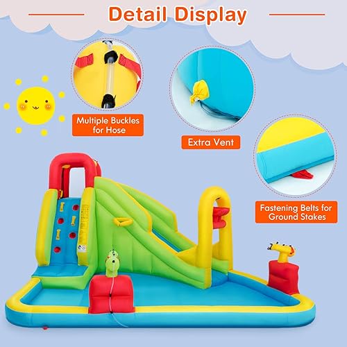Miniatura 4 de HONEY JOY Toboganes acuáticos inflables, castillo inflable 7 en 1 para niños con pared de escalada y toboganes largos, piscina grande y 2 cañones de
