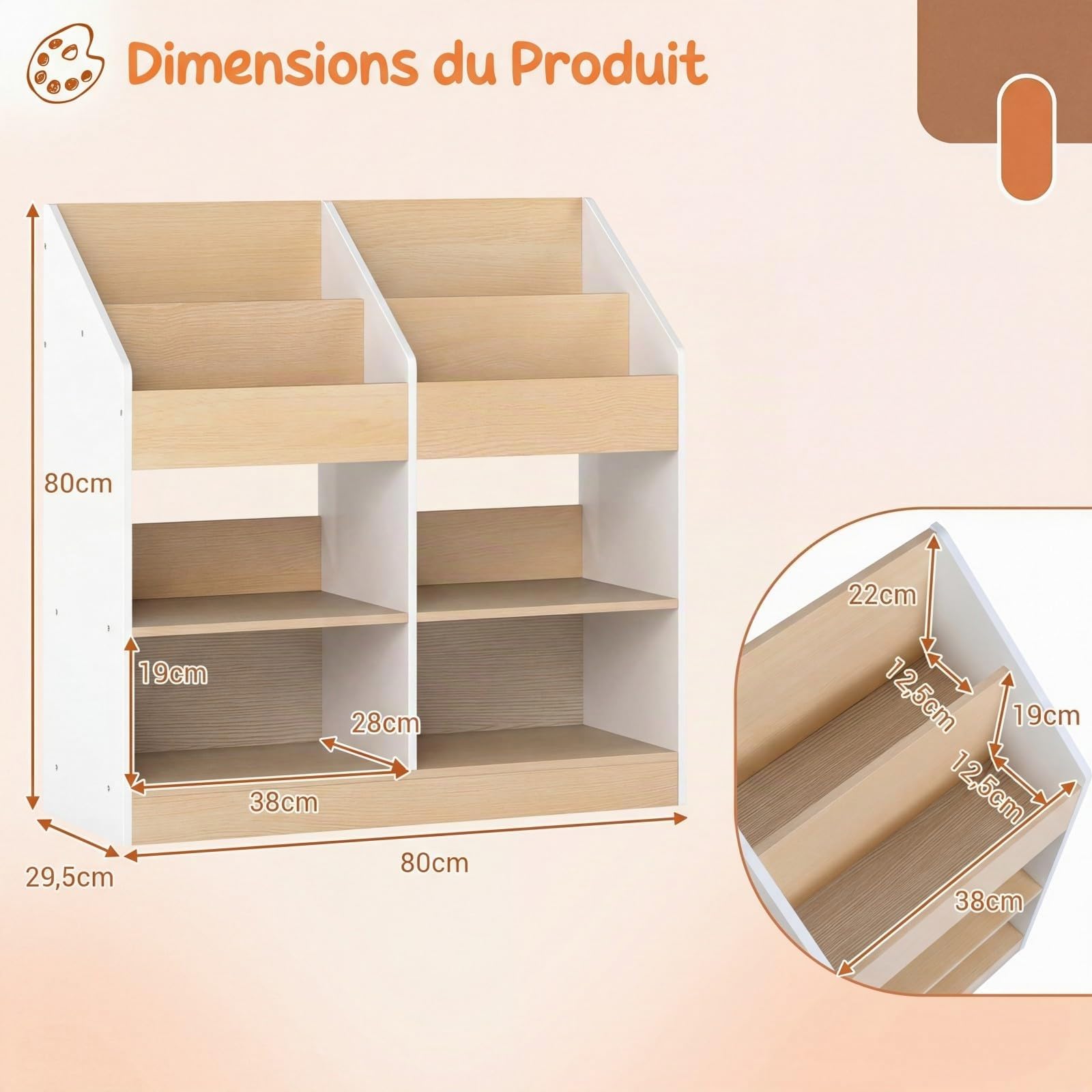 COSTWAY Bibliothèque Enfant en Bois avec 4 Cubes et 4 Compartiments Ouvertes, Étagère à Livres Enfant avec Kit Anti-basculement, Organiseur de Jouets pour Salle de Jeux Crèche