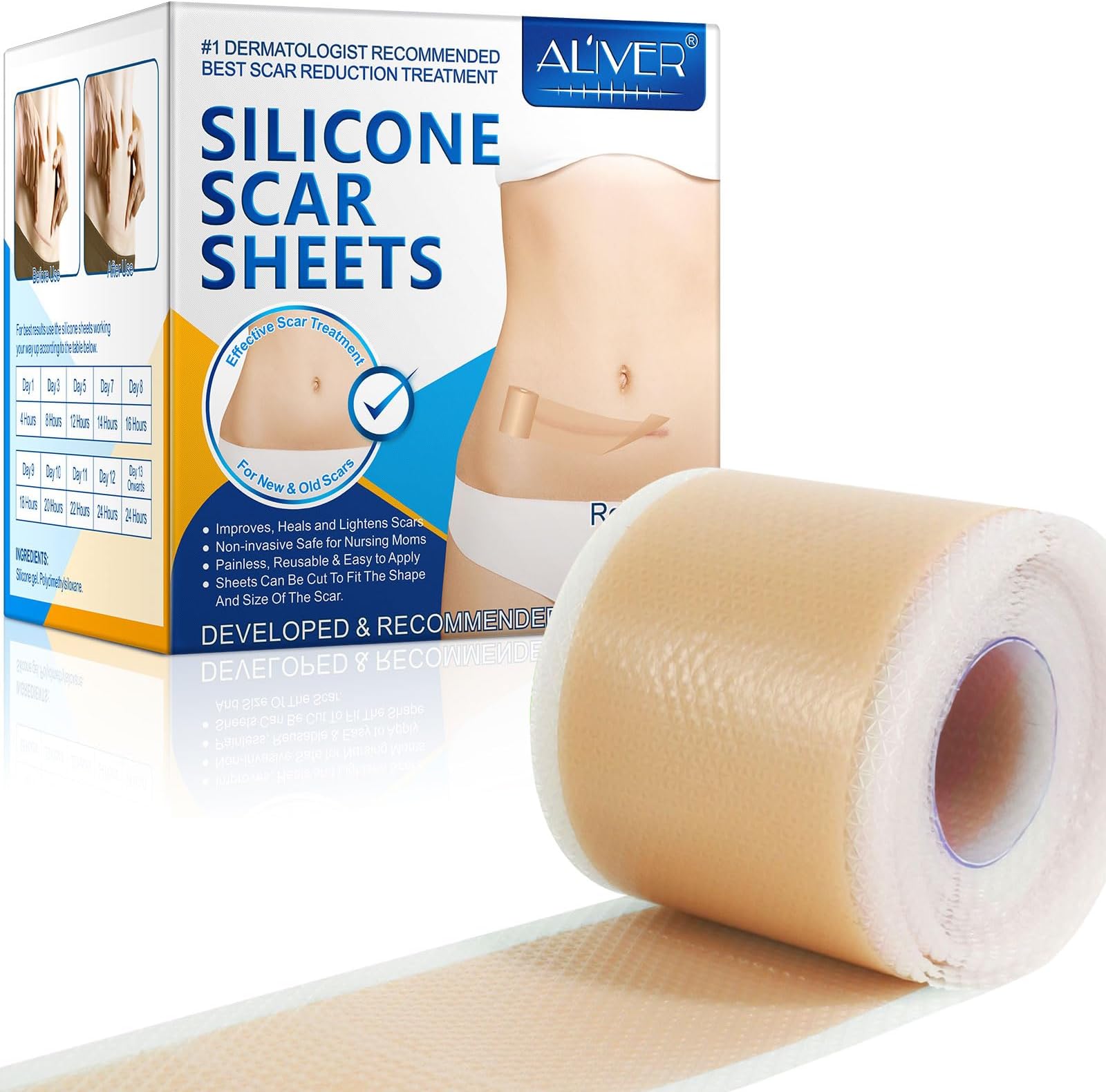 Silicone Scar Sheets(1.8"x120"-3M),Medical Grade Silicone Scar Tape,Silicone Strips for Scar Healing,Painless Scar Removal Tape for All Surgical Incisions,C-Section,Burn,Keloid,Acne