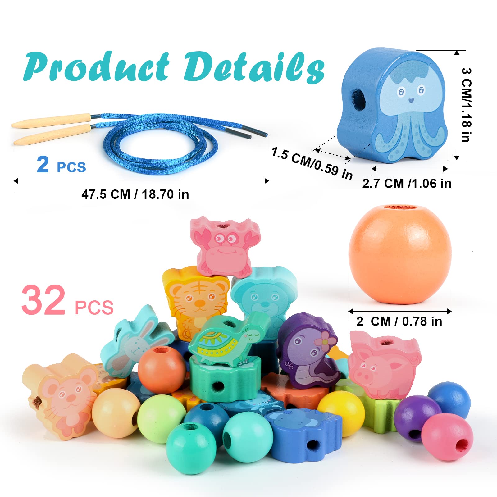 TRUEIN 32 Pcs Montessori Threading Toys, Wooden Lacing Beads Toys for 2 3 4 5 Year Olds Kids - Image 2