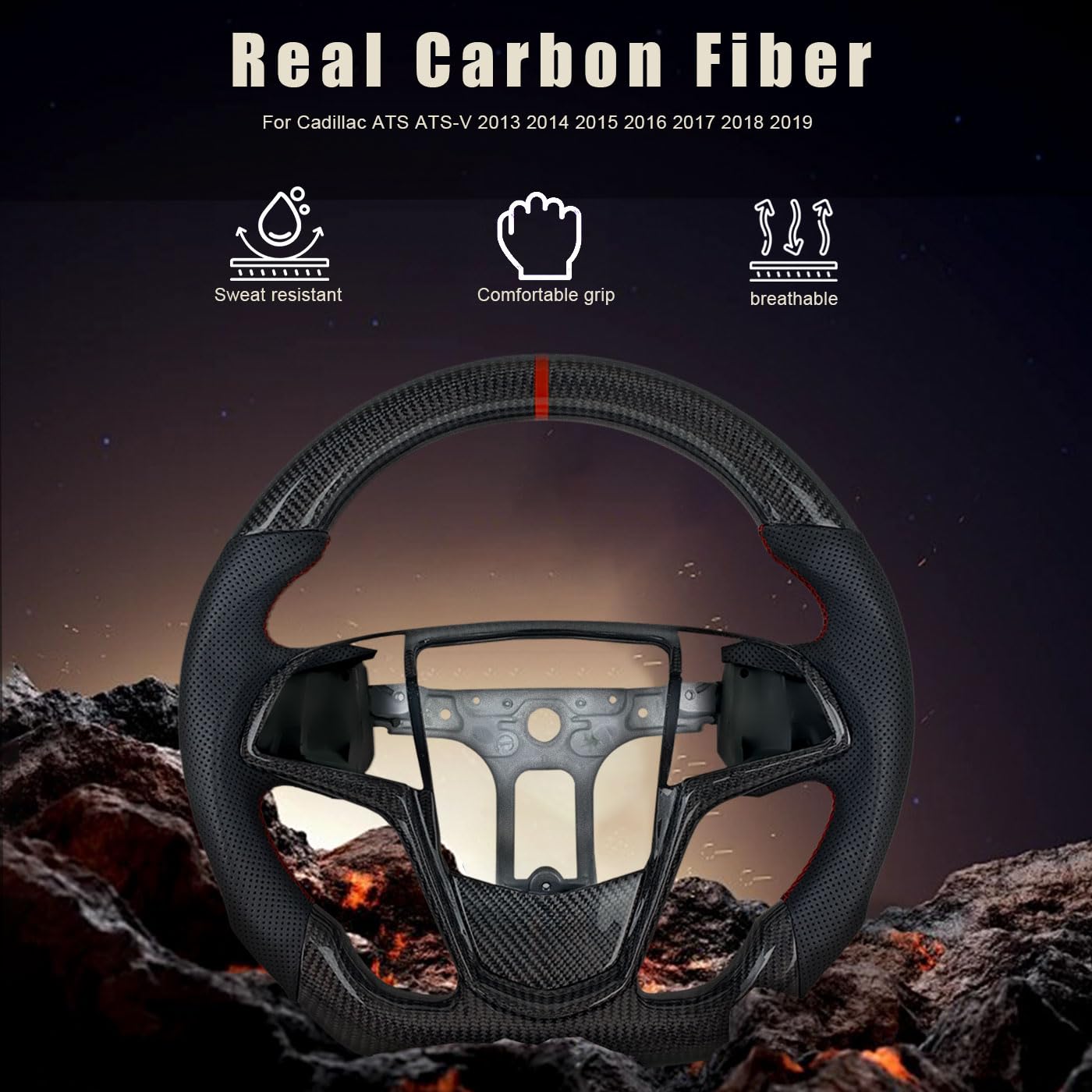 Carbon Fiber Steering Wheel for Cadillac 2013-2019 ATS CTS-V (2015-2019) D-shaped Sport Design Steering Wheel Black Perforated Leather (No shift paddle hole)