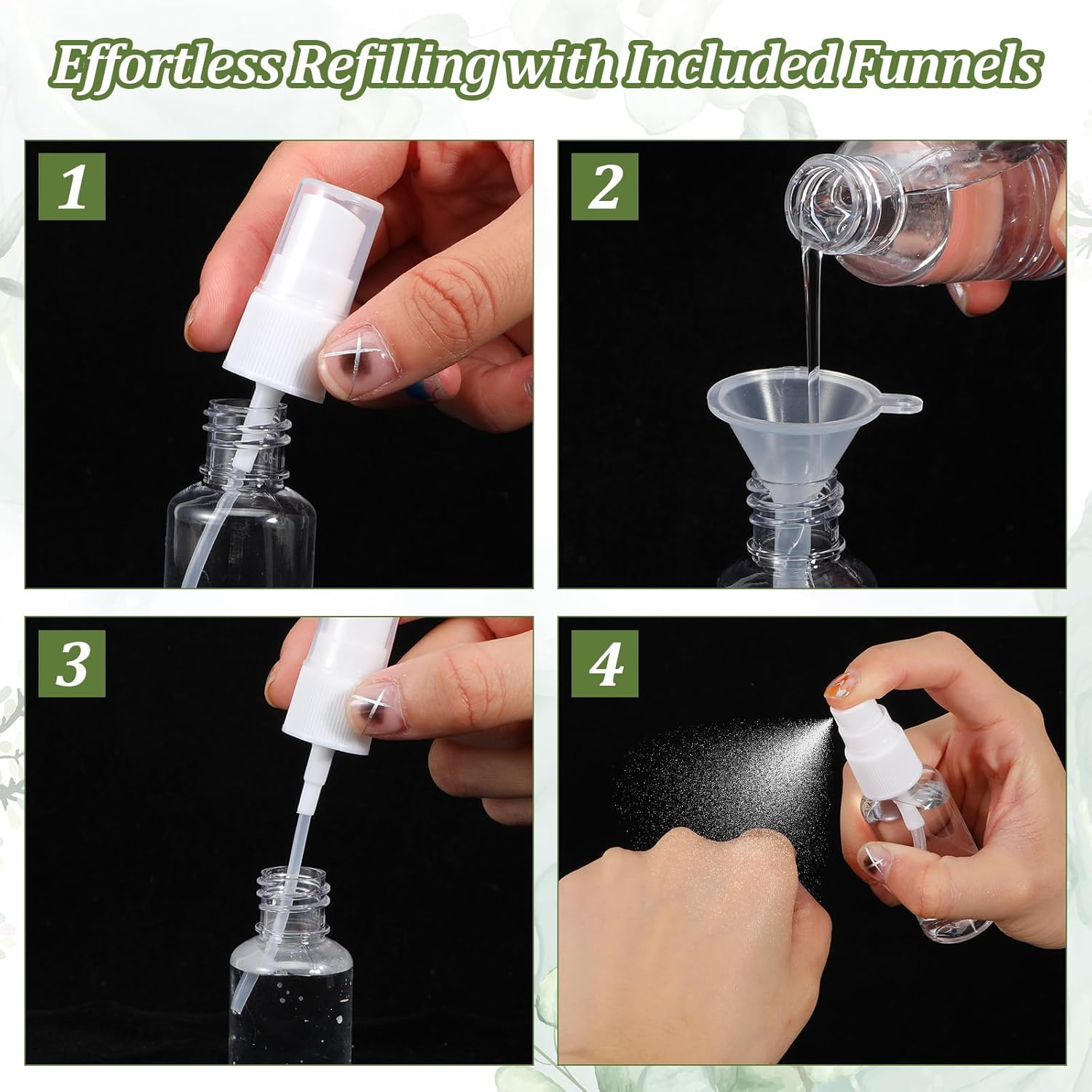 120 Pcs 1 oz Spray Bottles with 5 Funnels, Mini Clear Empty Plastic Fine Mist Travel Bottles - Leak Proof, Refillable for Essential Oils, Perfumes, Cosmetics