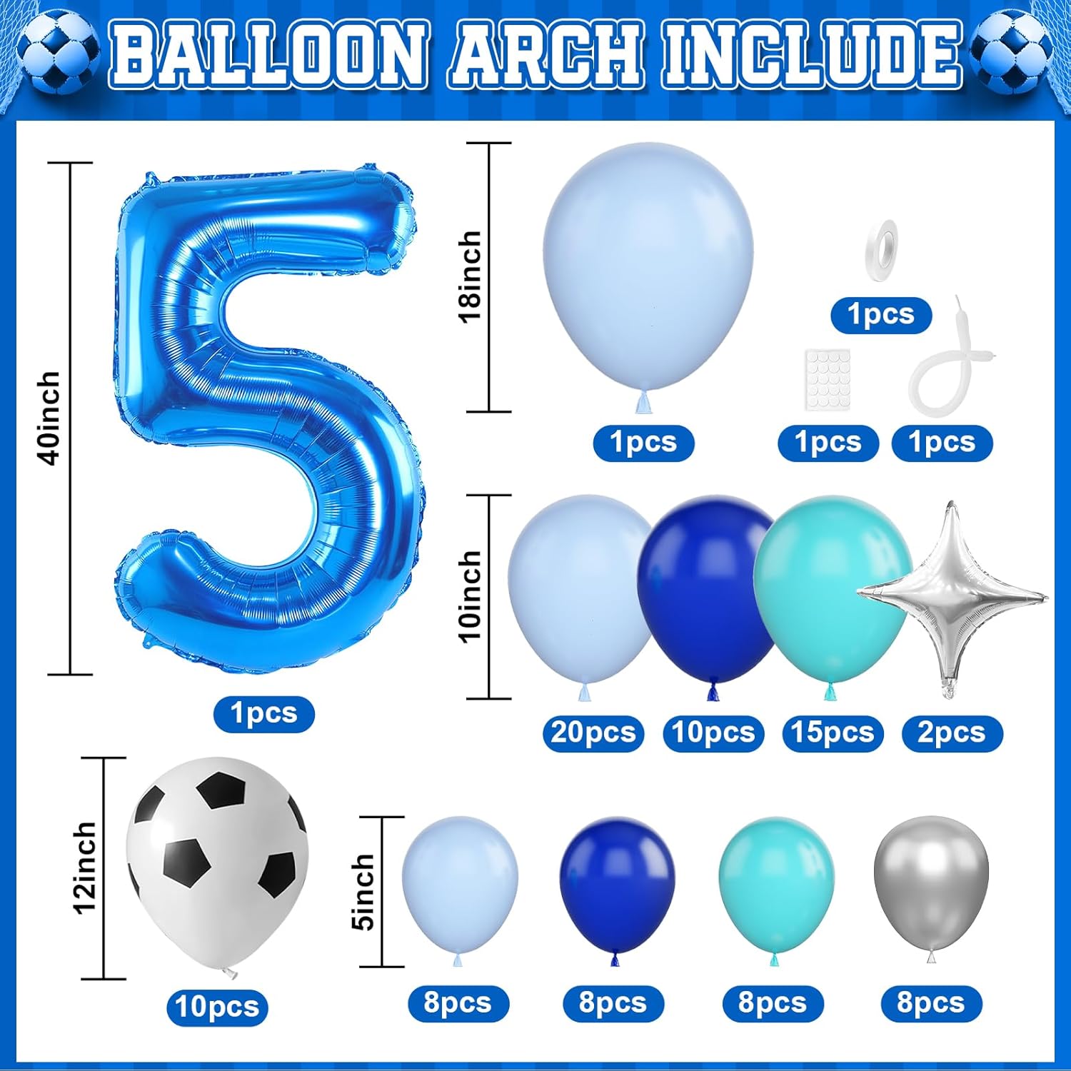 Soccer 5th Birthday Decorations for Boys, Royal Blue Teal Light Blue Balloon Garland Arch Kit with 40 Inch Blue Number 5 Balloon, Soccer 5th Birthday Balloons Arch for Kids Football Theme Club Party - Image 2