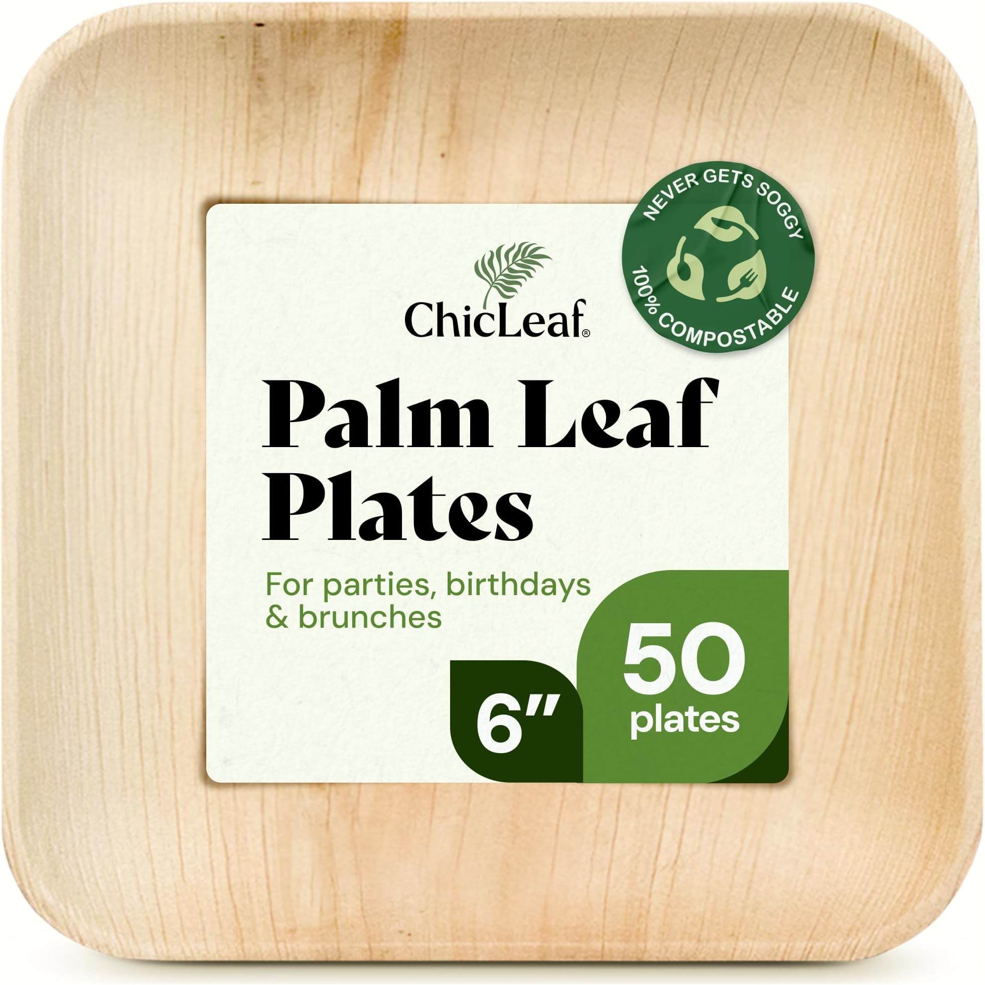 Chic Leaf Disposable Palm Leaf Plates - 6 in Square Pack of 50 - Disposable Tableware for BBQs & Picnics - Dining with Biodegradable Plates - Events with Party Tableware