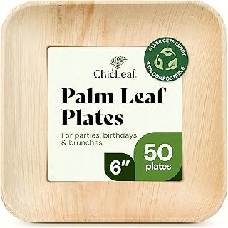 Chic Leaf Palm Leaf Compostable Plates - 6" Square, Pack of 50 - Disposable Dinnerware for Christmas Food, Rustic Bamboo Appetizer Plates - Charcuterie Boards & Biodegradable Serviceware