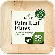 Chic Leaf Palm Leaf Compostable Plates - 6" Square, Pack of 50 - Disposable Dinnerware for your Table, Rustic Bamboo Appetizer Plates - Summer Dinner, Charcuterie Boards &amp; Biodegradable Serviceware
