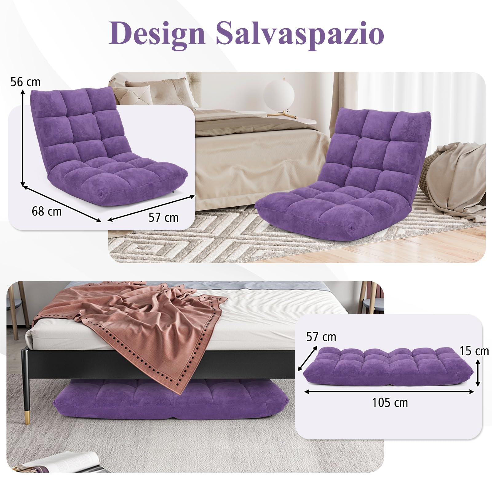 RELAX4LIFE Sedia da Terra in Velluto, Sedia Pieghevole Relax con Schienale Inclinabile in 14 Livelli, Poltrona Imbottita e Portatile Salvaspazio per Soggiorno e Camera da Letto (Viola 105×56×15cm)
