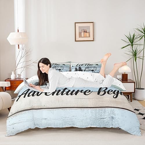 Miniatura 4 de Juego de funda de edredón de campamento feliz, juego de ropa de cama tamaño Queen, funda de edredón a rayas coloridas, ropa de cama temática de