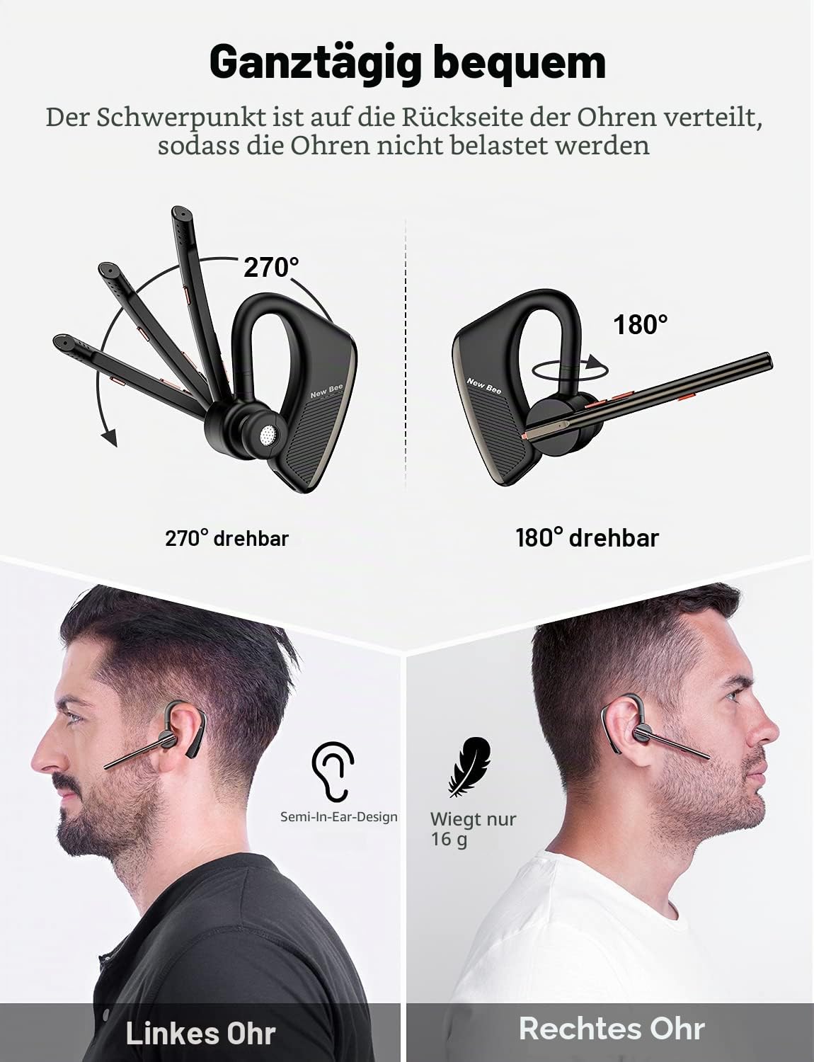 New bee Bluetooth Headset mit Mikrofon Bluetooth V5.2 Wireless Headset 24Hrs Sprechzeit CVC8.0 Dual Mic Noise Cancelling für iPhone/Android/Fahrer/Business/Büro