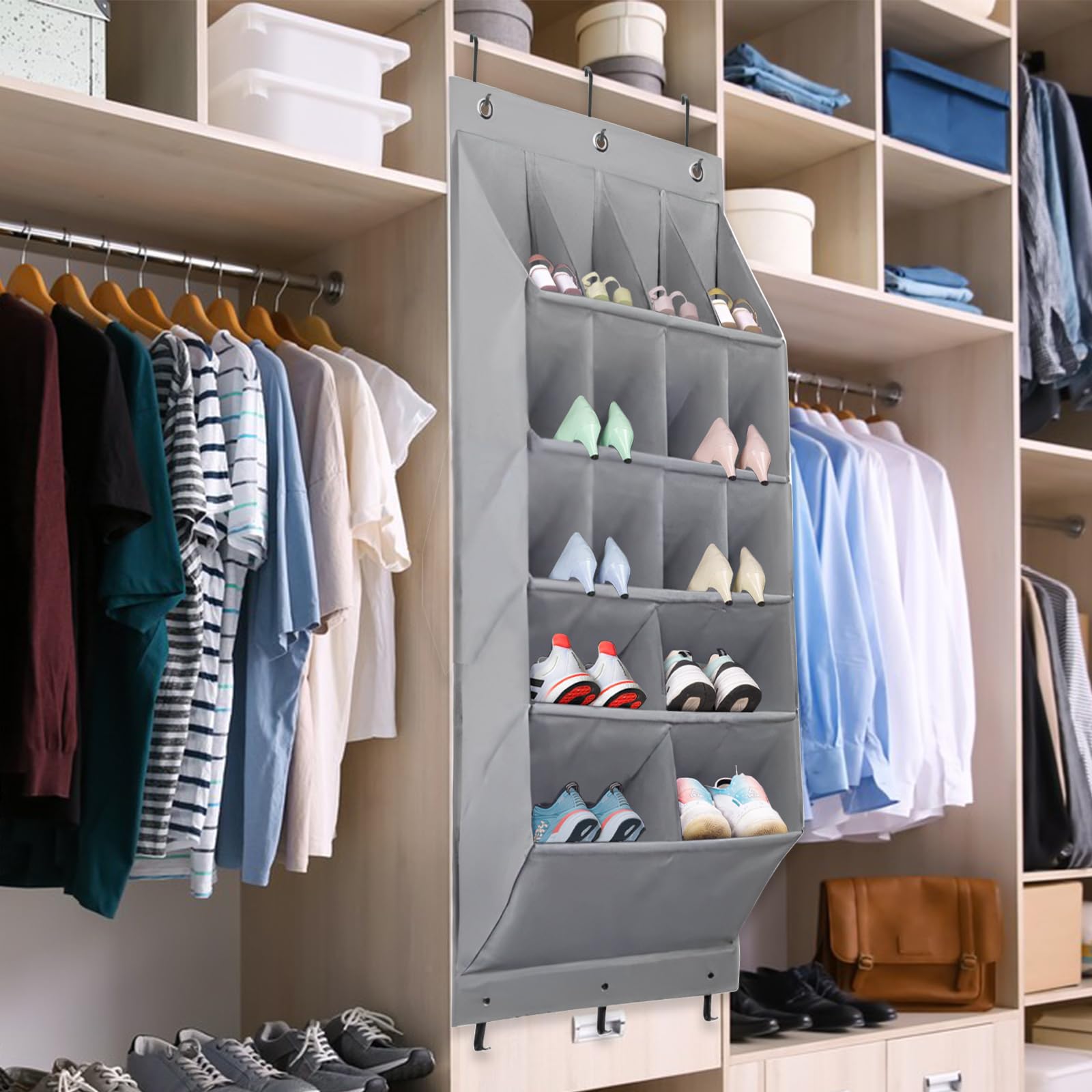 1 confezione organizer per scarpe da appendere sopra la porta scarpiera con 16 tasche portascarpe per armadio e dormitorio, organizer per scarpe (grigio)