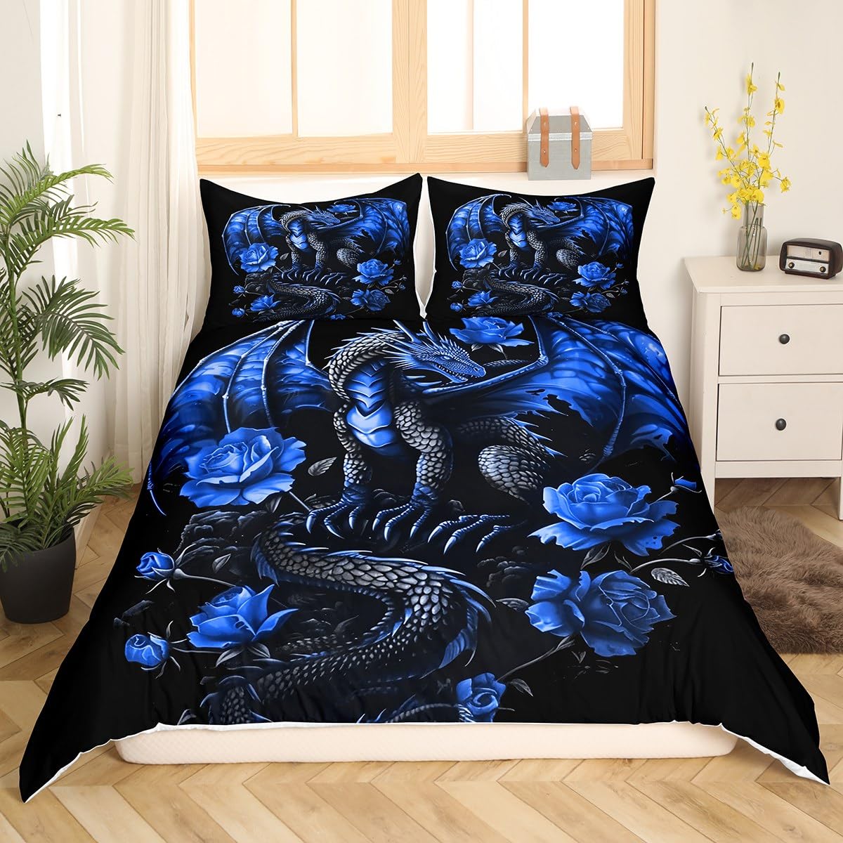 Homemissing Blue Rose Dragon Duvet Cover Grey Black Dragon Teens Women Bedding Set for Kids Boys Girls Floral Flower Decor Comforter Cover Romantic Bedspread Cover 3Pcs King Size - Image 2