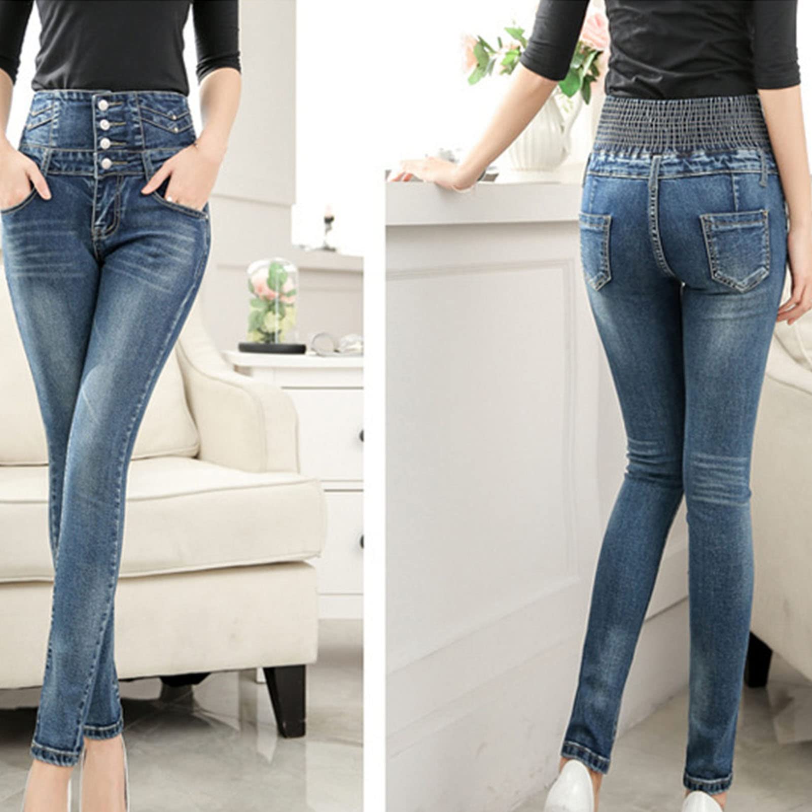 Maiyifu-GJ Women's High Waist Stretch Skinny Jeans Slim Fit 4 Button Denim Pants Tummy Control Butt Lifting Jean Trouser (Dark Blue,27)