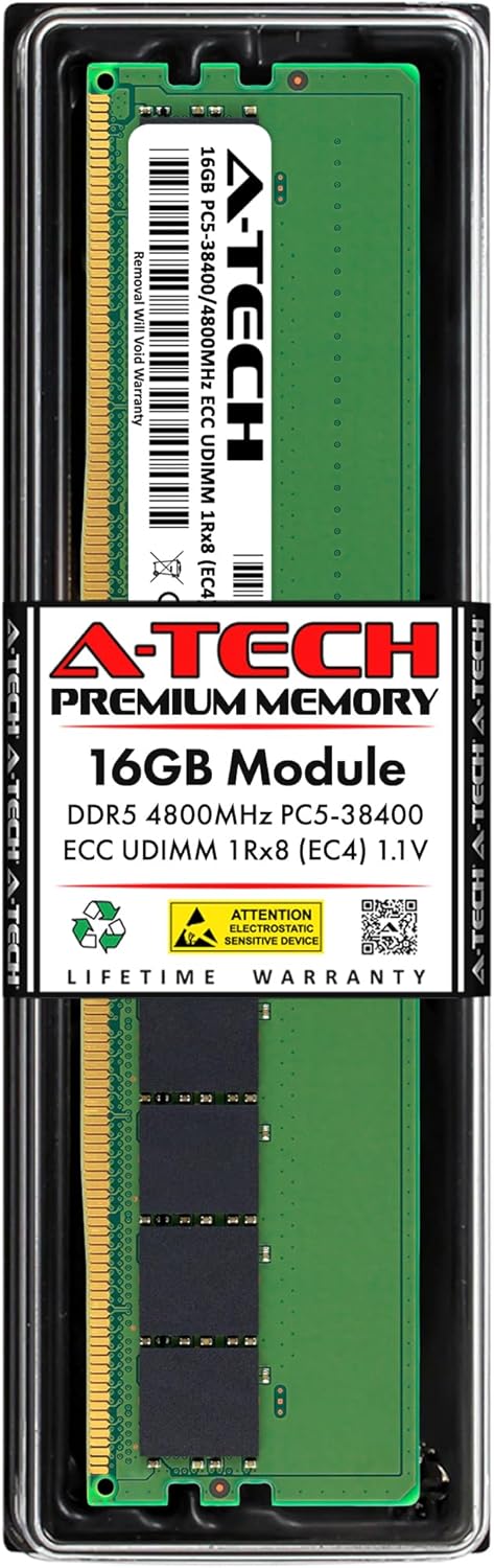 A-Tech 16GB DDR5 4800MHz PC5-38400 ECC-UDIMM 1Rx8 (EC4 9x4) Single Rank 1.1V ECC Unbuffered DIMM 288-Pin Server, Workstation RAM Memory Upgrade Module