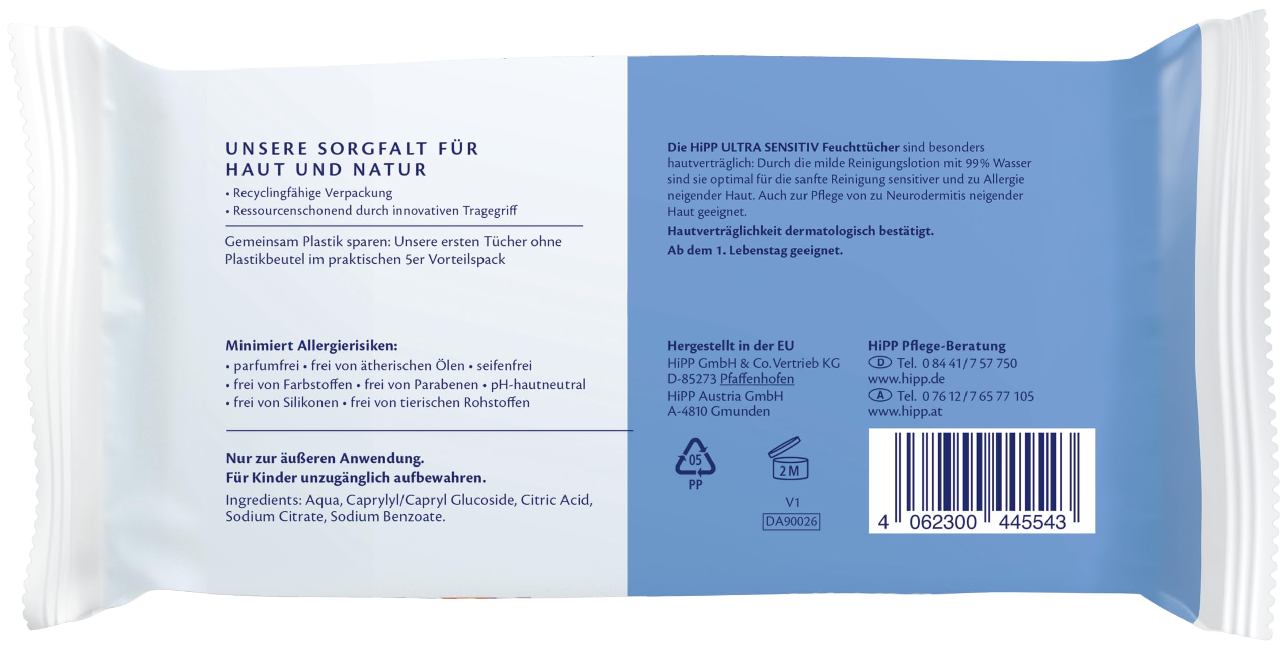 HiPP Ultra Sensitiv Feuchttücher, 720 Stück (3 x 240), mit 99 % Wasser, ohne Parfum, hautverträglich ab dem 1. Tag, ideal für empfindliche Babyhaut, auch bei Neurodermitis-Neigung