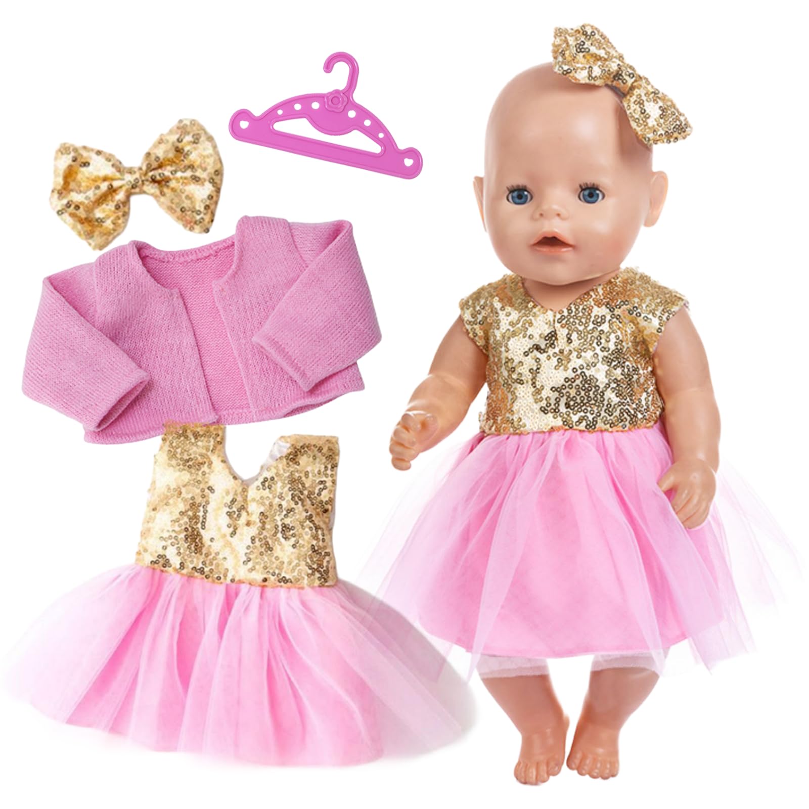 Doll Clothes for 14-18 inch Baby Dolls, 4 Pcs Pink Doll Clothes Set