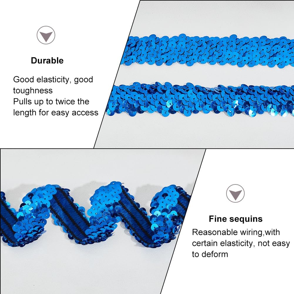 OLYCRAFT 11 Yards Elastic Sequin Trim Metallic Blue Stretch Fabric 1 Inch Wide 3 Row Sequin Trim Fabric Paillette Ribbon Trims for Dress Embellish and Headband Craft