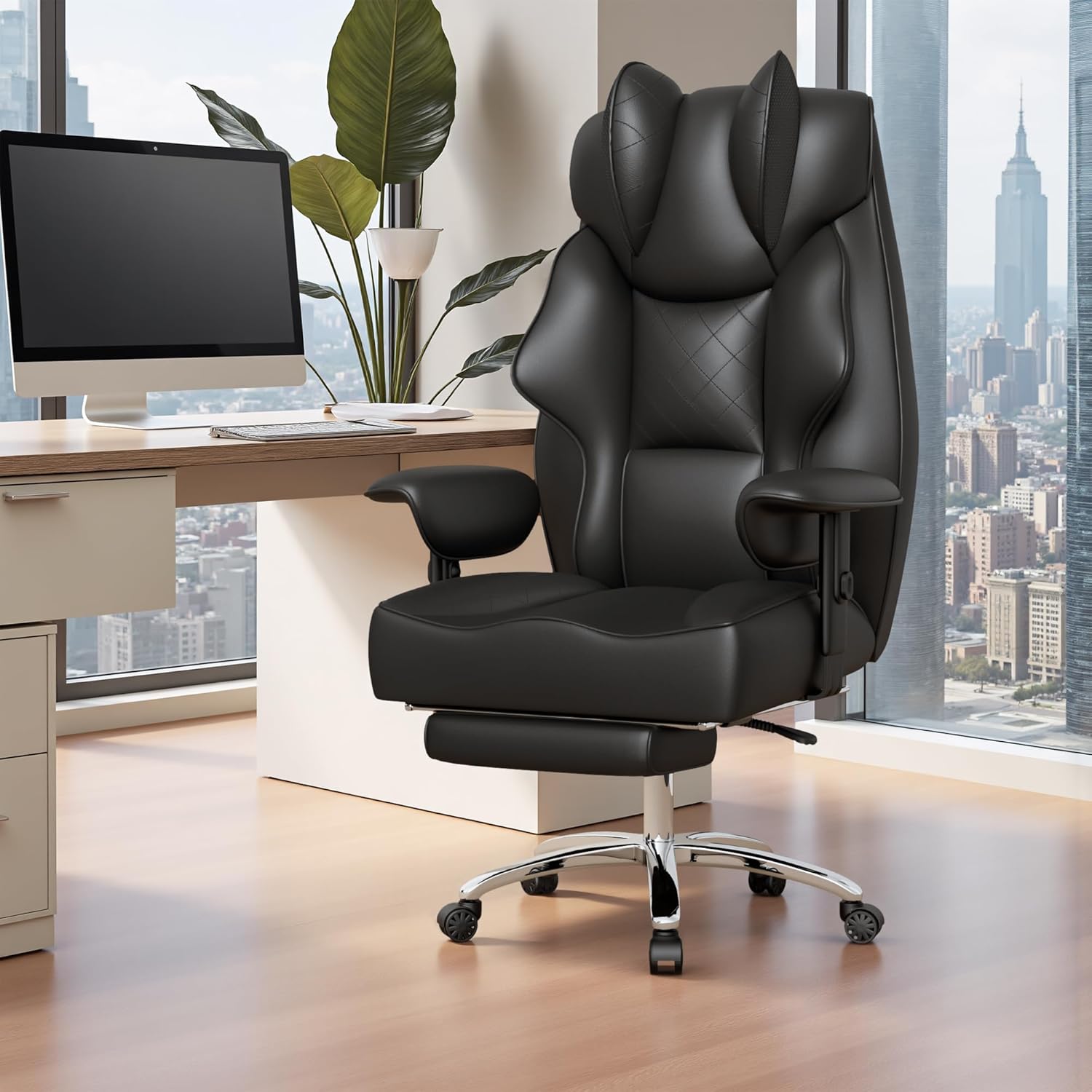 Homall Big and Tall Massage Office Chair,Reclining High Back Ergonomic Home Office Desk Chair with Adjustable Padded Armrest and Foot Rest (Leather, Black)