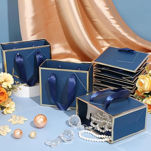 Miniatura 7 de Yeaqee 50 mini bolsas de regalo de papel de aluminio metálico con asa de 4 x 5 x 2 pulgadas, extra pequeña bolsa de agradecimiento con etiqueta para