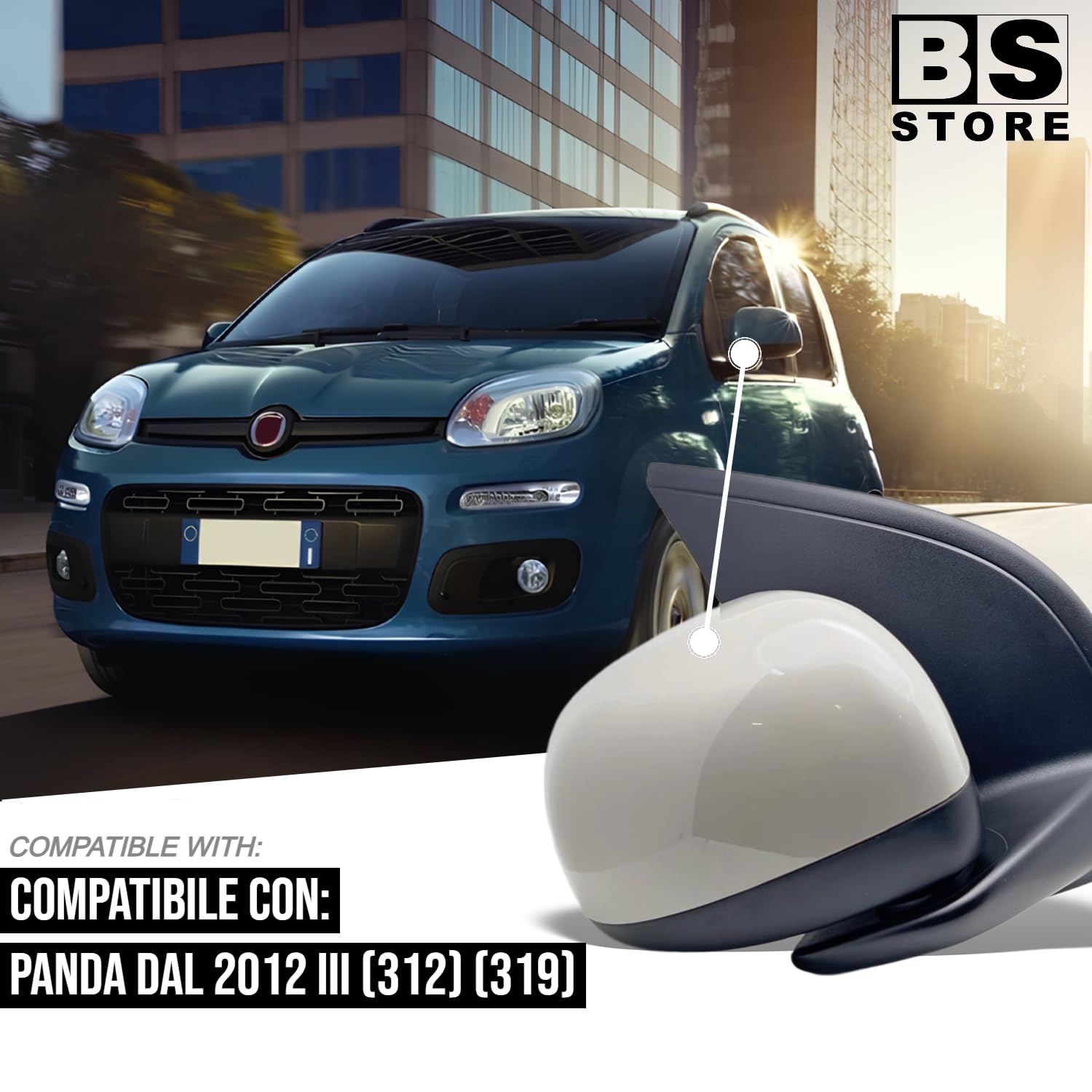 BSSTORE Specchietto Retrovisore Esterno Nero per Panda dal 2012 (312, 319) con Regolazione Manuale e Calotta Da Verniciare (Destra - Lato Passeggero)