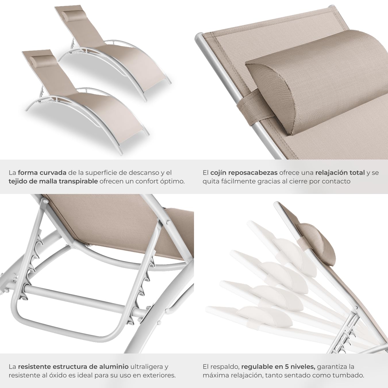 tectake® Set de 2 Tumbonas Jardín Exterior, Tumbona con Reposacabezas para Playa y Reclinable en 7 Posiciones, Tumbona Piscina en Aluminio, Carga Máx. 120 kg, Fácil Montaje - Beige