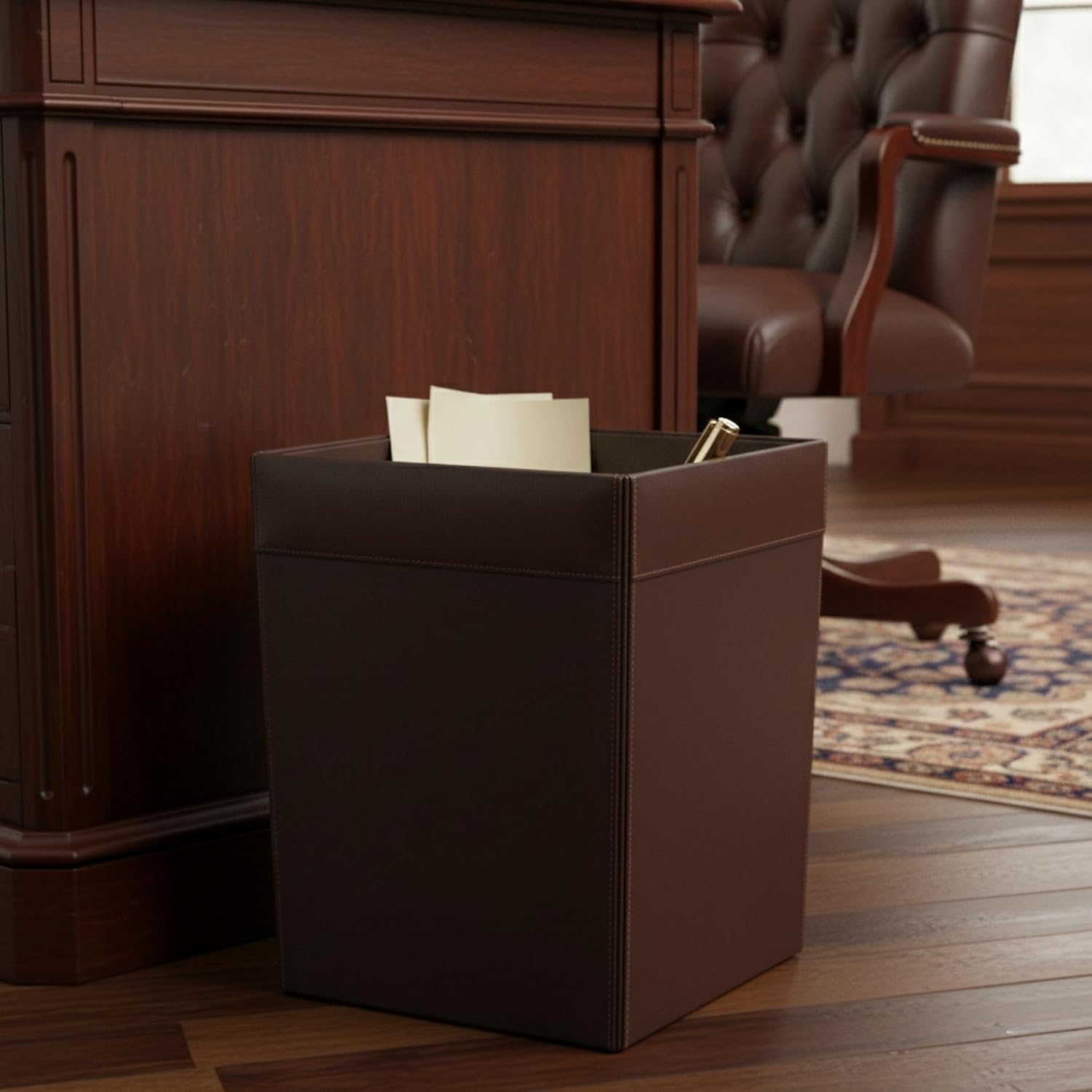 Dacasso Chocolate Brown Leather Waste Basket