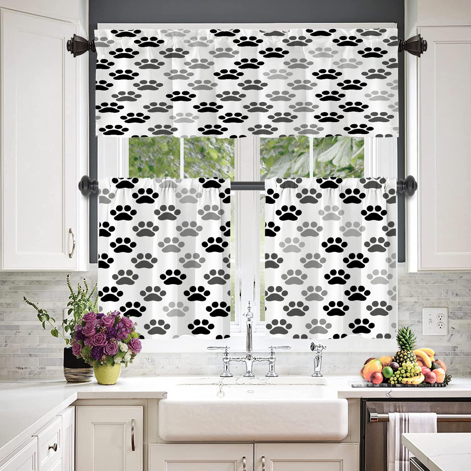 Black Animal Paw Cat Dog Kitchen Tier Curtains for Windows,Colorful Paw Prints Blackout Valances Multilayer Polyester Window Treatments for Kitchen 2 Pack 26X24 Inches
