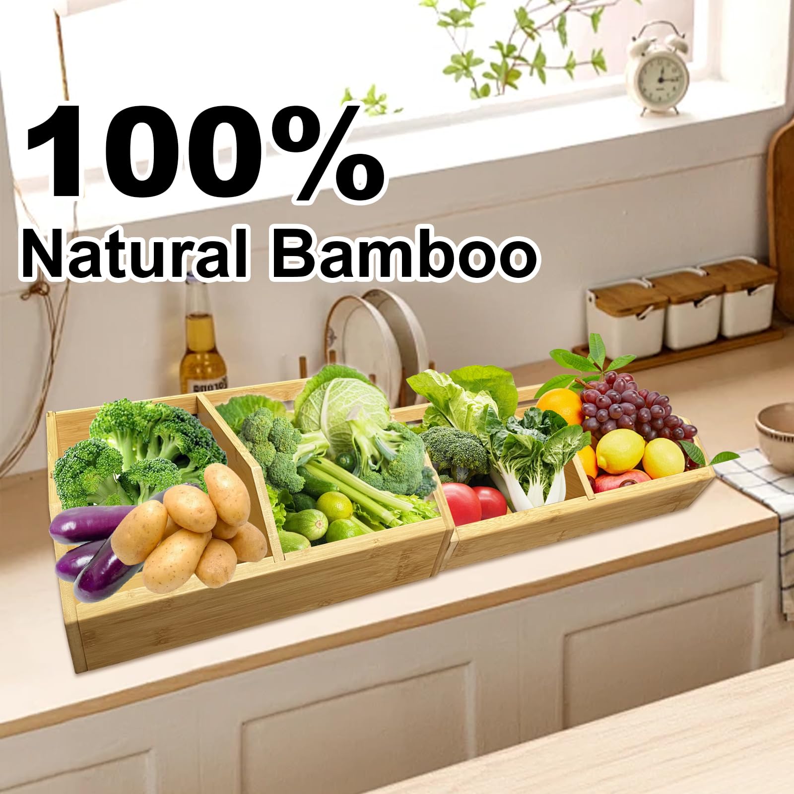 Confezione da 2 contenitori impilabili per verdure, organizer da cucina e dispensa, per frutta, verdura, prodotti, pane, patate, cipolle e snack, contenitori da cucina in bambù