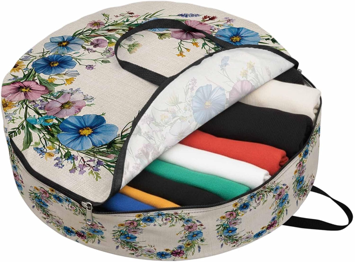 Spring Flower Wreath Round Storage Bag 36 Inch, Country Watercolor Blue Pink Floral Bud Leaf Linen Clothes Storage Container with Handles Heavy Duty Organizer for Comforter, Bedding & Holiday Wreaths