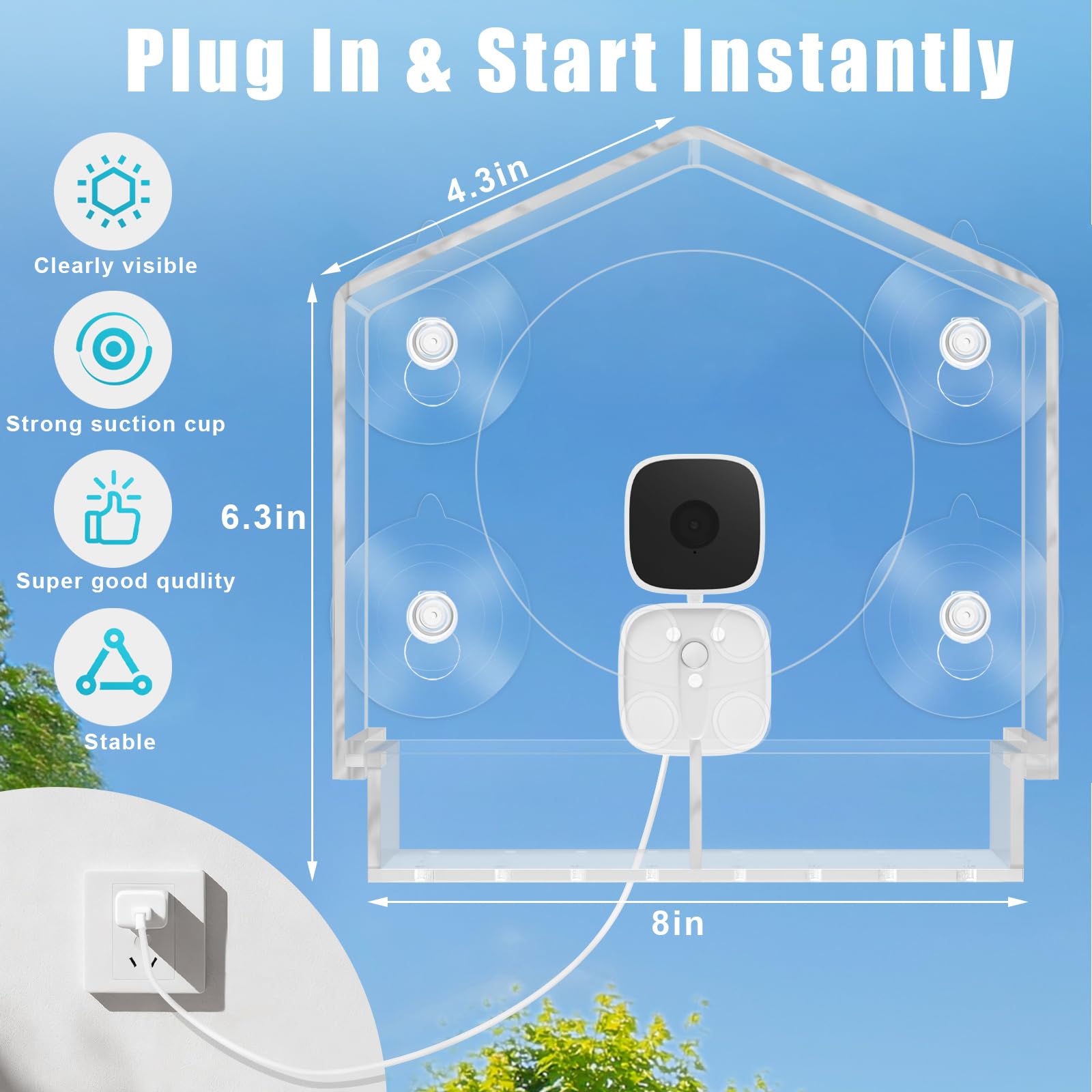 Comedero para pájaros de ventana con cámara, comedero inteligente transparente para exteriores, 2K HD Live View y AI Bird 10000+, comedero de ventana para pájaros con 6 ventosas