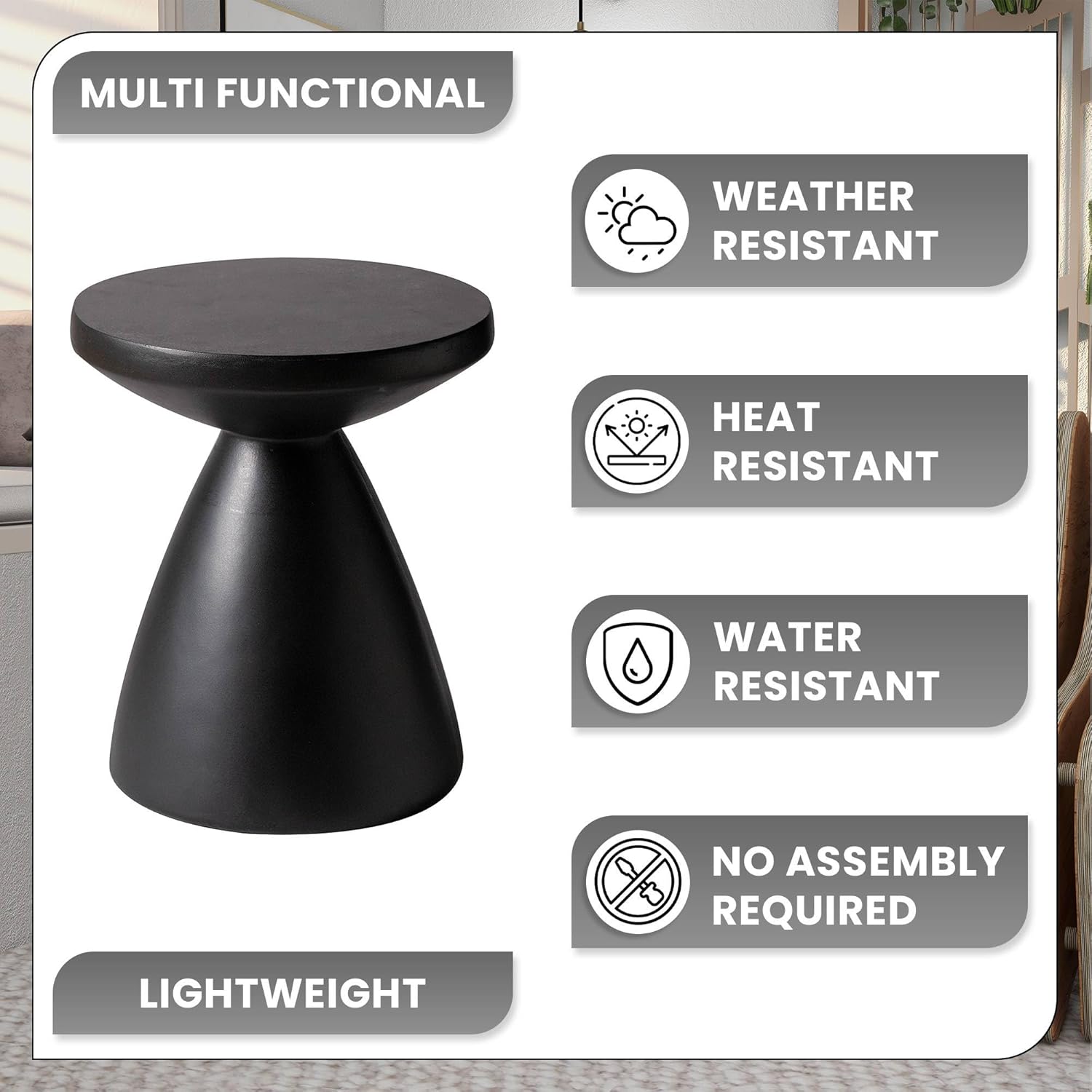 LeisureMod Modern Side Table Lightweight Fiberstone Top 20" Round Accent Table and Hourglass Pedestal Base for Outdoor or Indoor Dune Series in Black