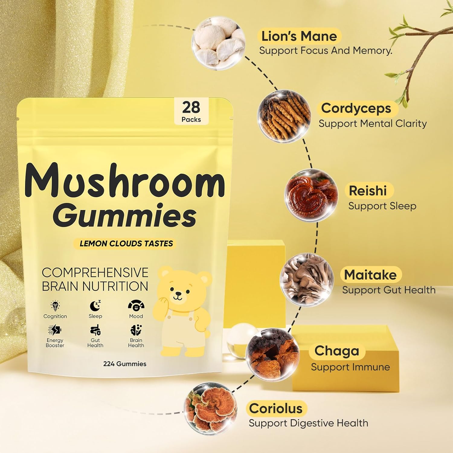 71pVBWc174L._AC_SL1500_ Lions Mane Mushroom Gummies – 10,000 mg Adaptogenic Mushroom Complex per Serving, Vegan, Low Sugar/Sugar-Free, Brain & Focus Support Supplement, 28 Daily Sachets