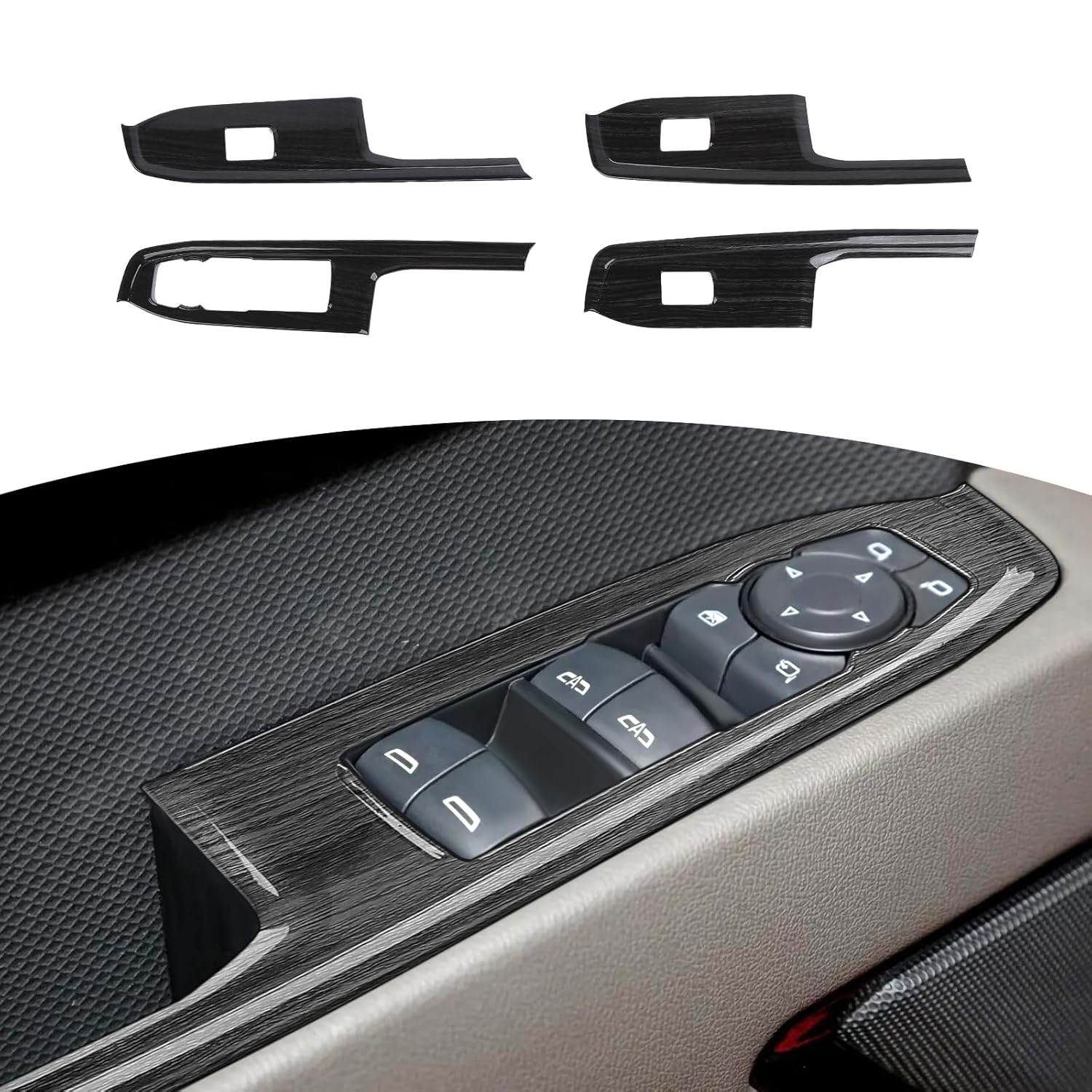 RT-TCZ for Chevy Silverado Power Window Switch Cover Trim Bezel for Chevrolet Silverado GMC Sierra 2022 up Black Wood Grain Interior Accessories 4pcs