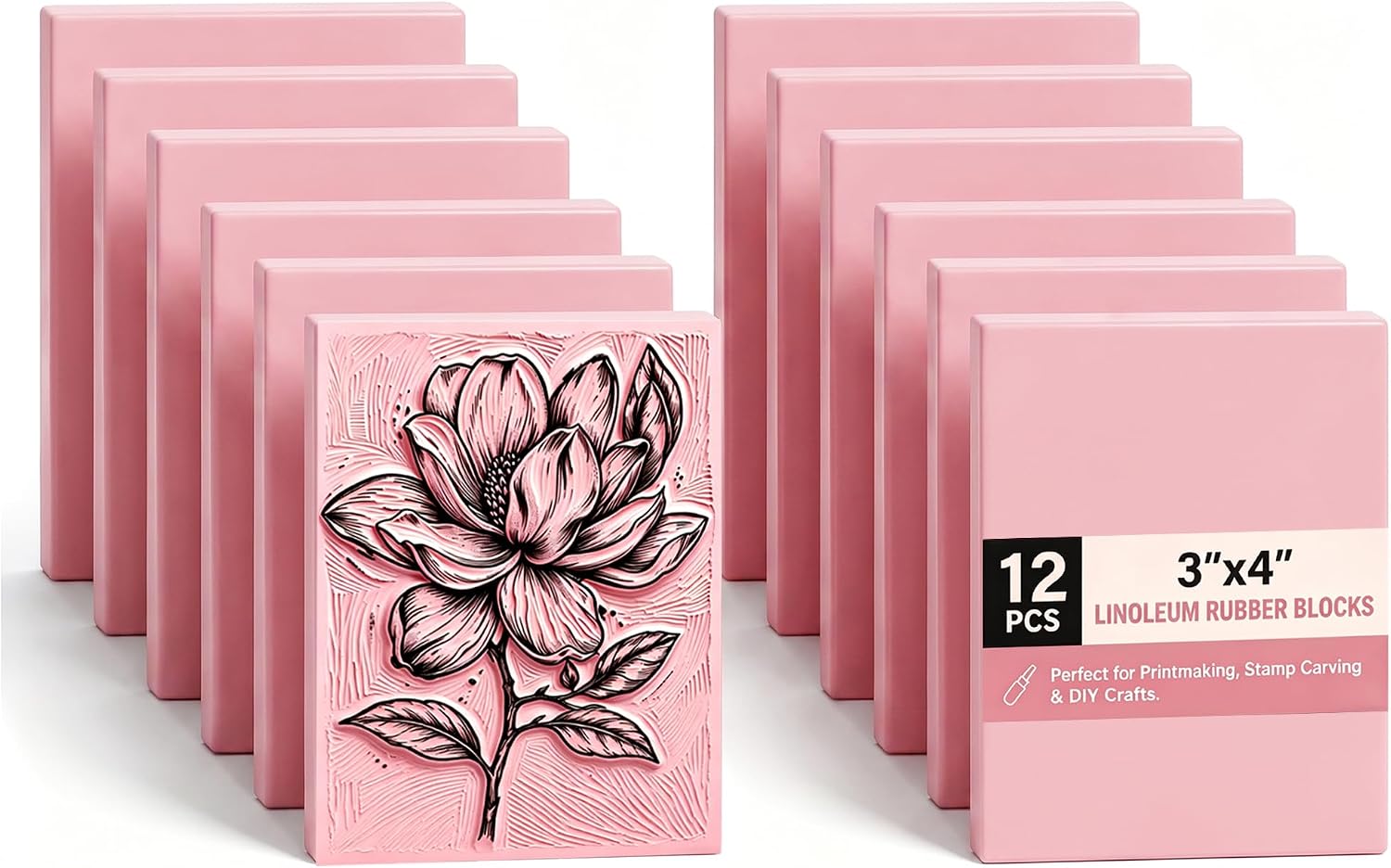 Linoleum Rubber Linocut Blocks 12-Pack 3x4in Printmaking Stamp Carving Premium printmaking Supplies: 12-Pack Soft 3x4in Pink Rubber Linoleum Blocks. Easy Carve Block Printing, Stamp Carving