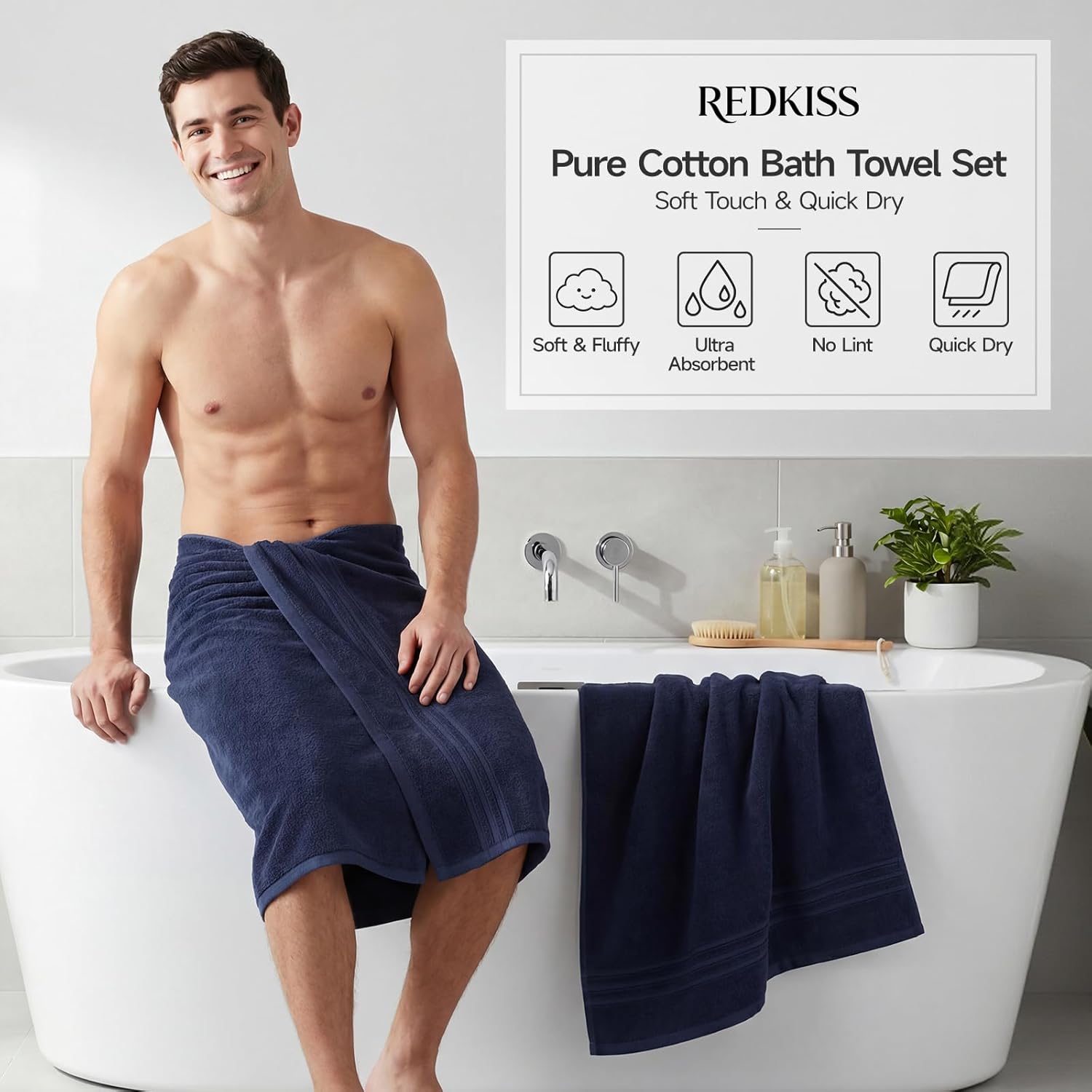 REDKISS Navy Towels Set 6 Piece Cotton Towel Sets with 2 Bath Towels, 2 Hand, 2 Washcloths, 650GSM Hotel Quality, Soft, Highly Absorbent Towels for Bathroom Gym, Ideal Everyday Use
