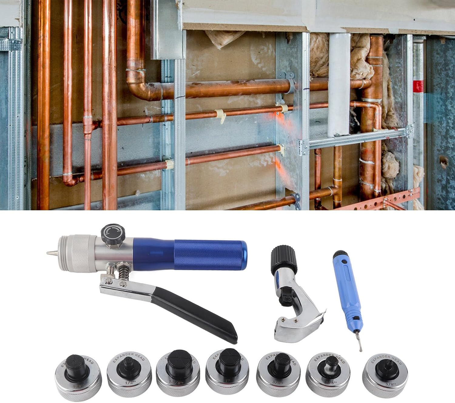 Copper Swaging Tool, Flaring Tool Exhaust Pipe Expander Pipe Stretcher 7 Expander Heads 1/2in to 1‑1/8in Hydraulic Tube Expander for Aluminum Copper Pipes