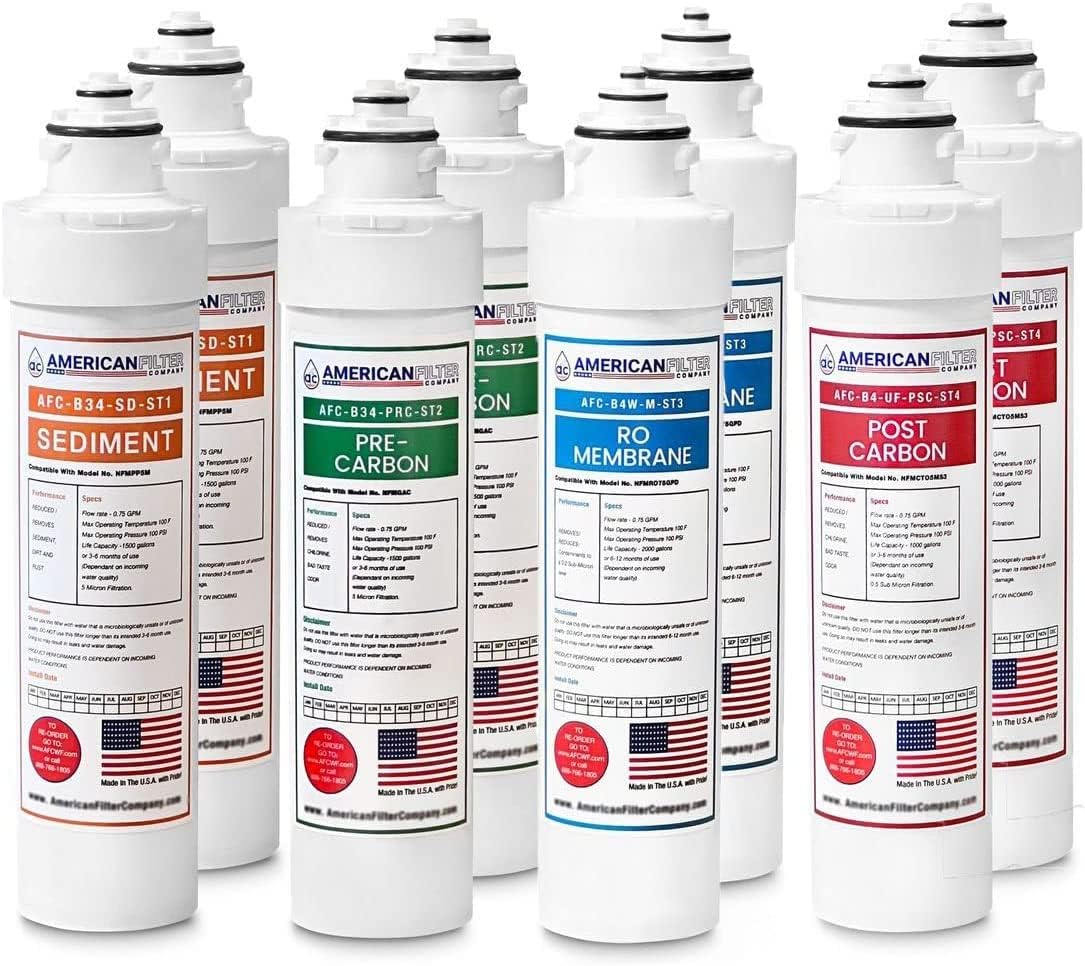 American Filter Company® Model # AFC-B4W-CMB 4-Stage Water Filters Replacement, Compatible with Brio NFMPP5M, NFMGAC, NFMCTO5MS2, NFMCTO5MS3, NFMCTO5MS4, UV Water Cooler, 8Pk