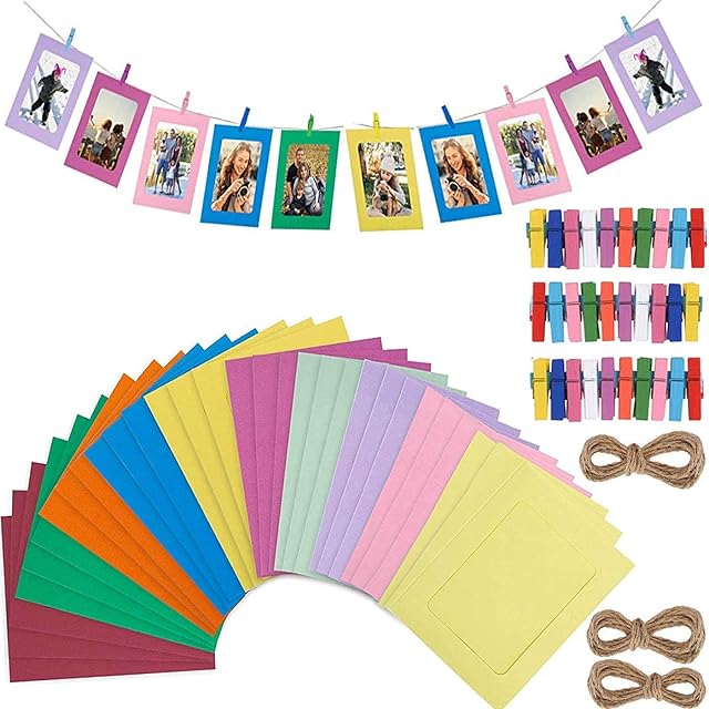 Fashion HW Colorful Paper Photo Frame 30 Pcs DIY Creative Retro Kraft Paper Polaroid Films Hanging Album Frame with Mini Clips and Hemp Ropes for Home Dorm Office 6 inch 10 Colors