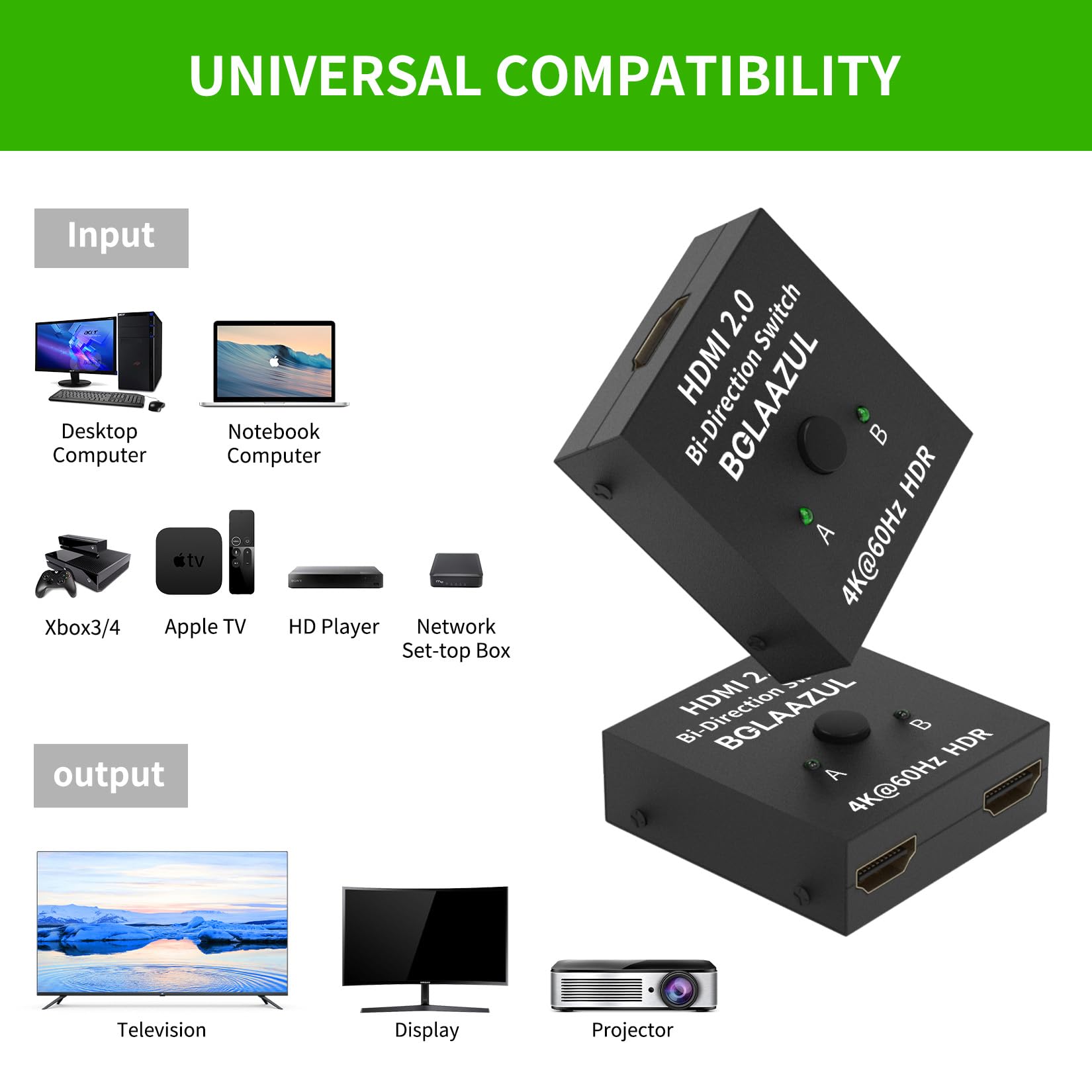 HDMI 2.0 HDTV Switch Switcher Splitter Bi-Direction Hub HDCP 2x1 1x2 In Out 4k - Foto 6