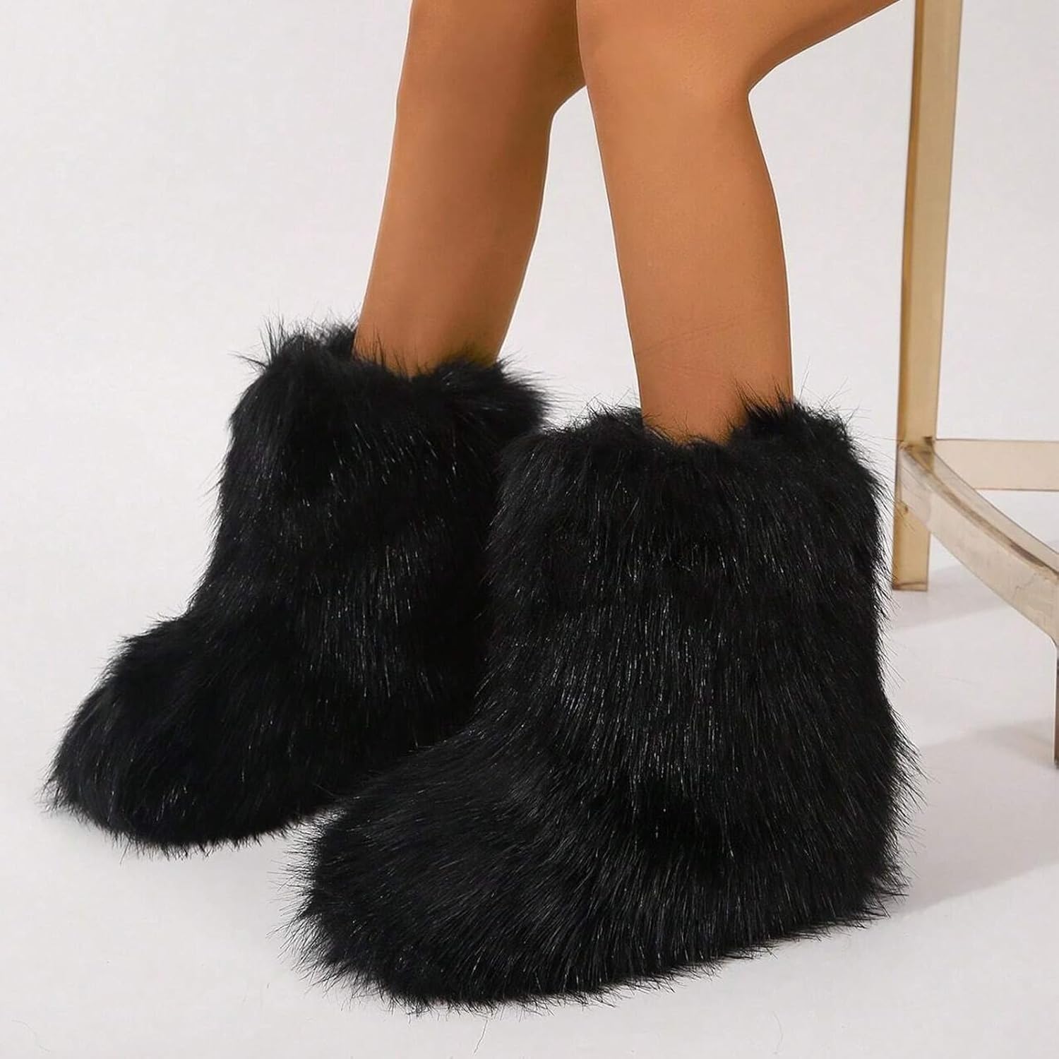 UBWDU Women's Faux Fur Boots Fluffy Fuzzy Furry Snow Boots Winter Mid-Calf Flat Shoes
