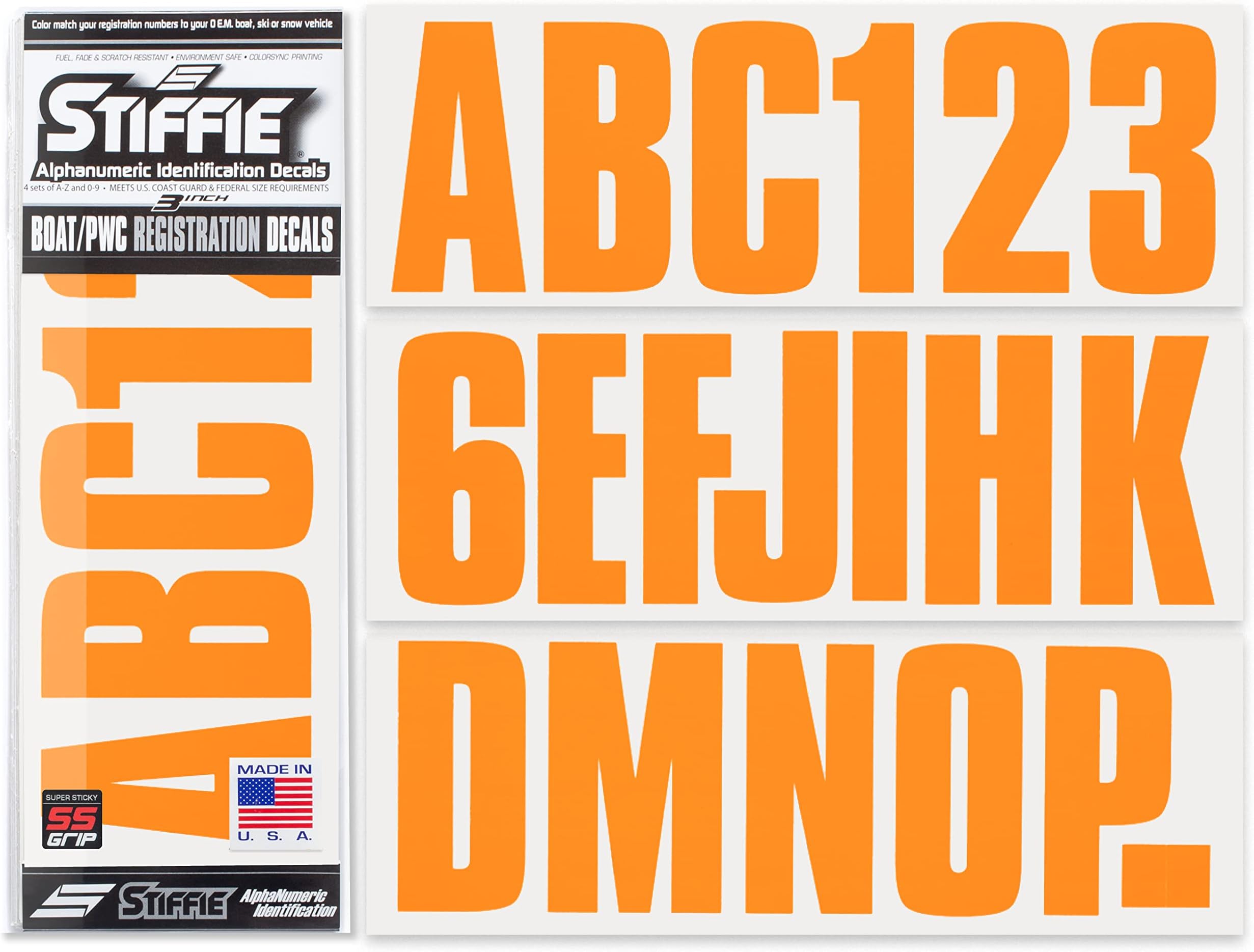 STIFFIE Uniline Orange Crush Super Sticky 3" Alpha Numeric Registration Identification Numbers Stickers Decals for Sea-Doo Spark, Inflatable Boats, Ribs, Hypalon/PVC, PWC and Boats.