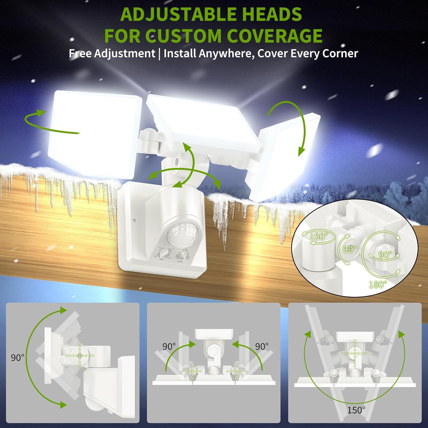 38W 7500LM LED Security Lights Outdoor with Remote Control, 6500K Motion Sensor Flood Light, 3 Modes, IP65 Waterproof, Dusk to Dawn 3-Head Floodlight Fixture for Garage, Yard, Porch (White)