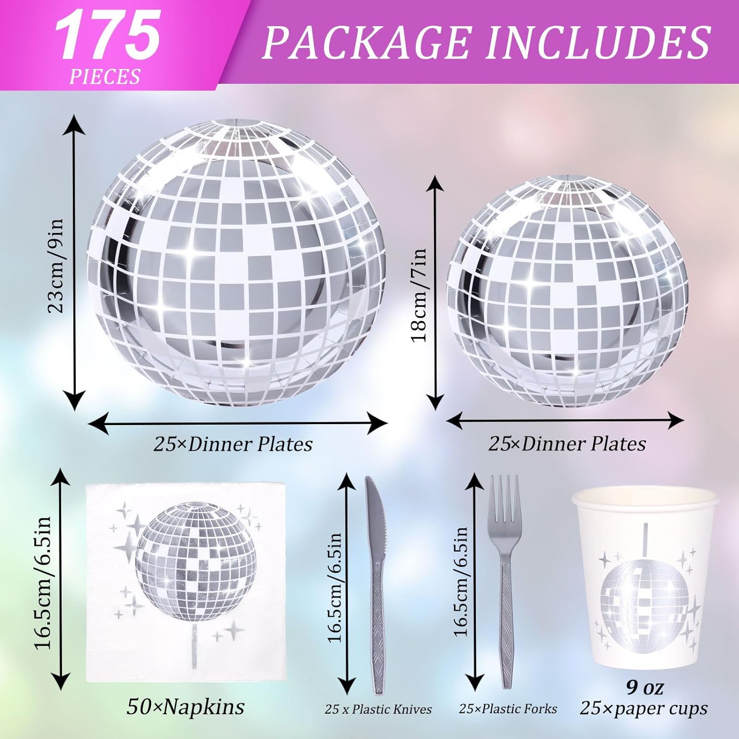 175Pcs 70s Disco Party Supplies - Disco Plates, Napkins, Paper Cups, Knife and Fork - Decorations for Wedding, Birthday, Picnic, Bachelorette Party (Silver) - Image 4