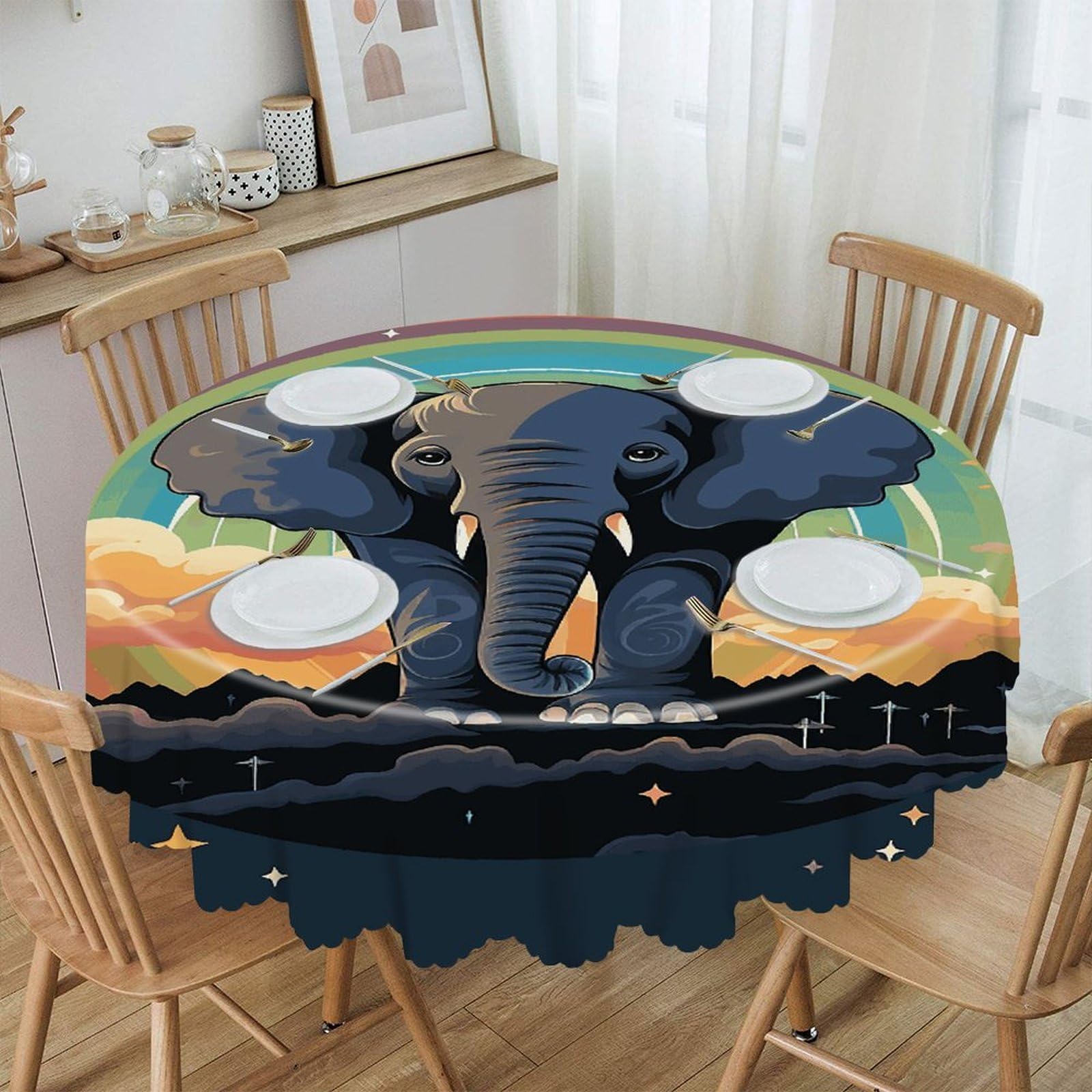 VstaDank - 60 Inch Round Tablecloth Easy Clean Elephant on Rainbow Background Thick Decorative Polyester Tablecloth for Dining Room Kitchen Party Farmhouse Outdoor