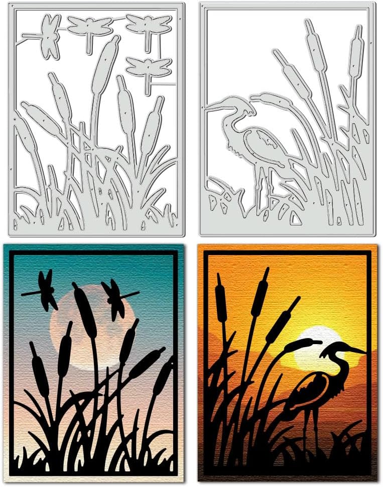 BENECREAT 2Pcs Grass Frame Cutting Dies, Dusk Egret Moon Dragonflies Dies Cut Stencils, Metal Embossing Template for DIY Scrapbooking, Photo Album, Decorative Embossing Paper Card