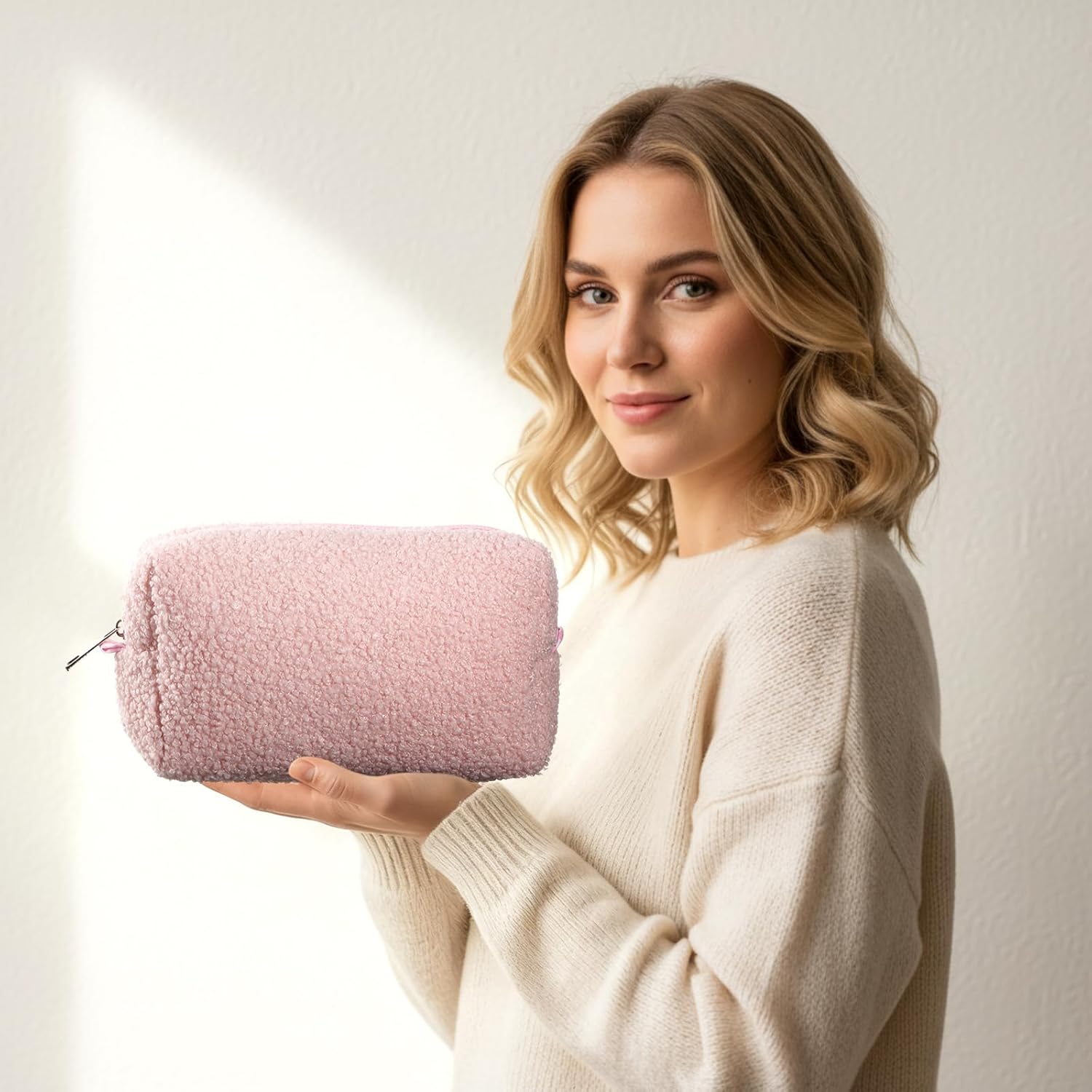 Paterr 10 Pcs Valentine Plush Makeup Bag Bulk Gift for Women Coworkers Preppy Fleece Makeup Pouch Cosmetic Bag Fuzzy Zipper Travel Toiletry Pouch for Wedding Bachelorette(Classic Color)